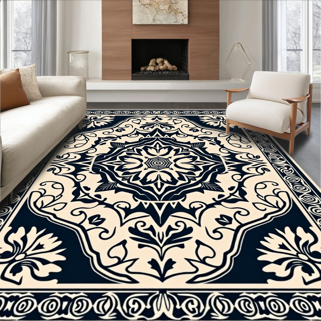 Ornate Cream Navy Floral Medallion Rug