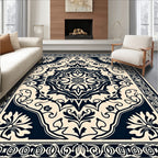 Ornate Cream Navy Floral Medallion Rug
