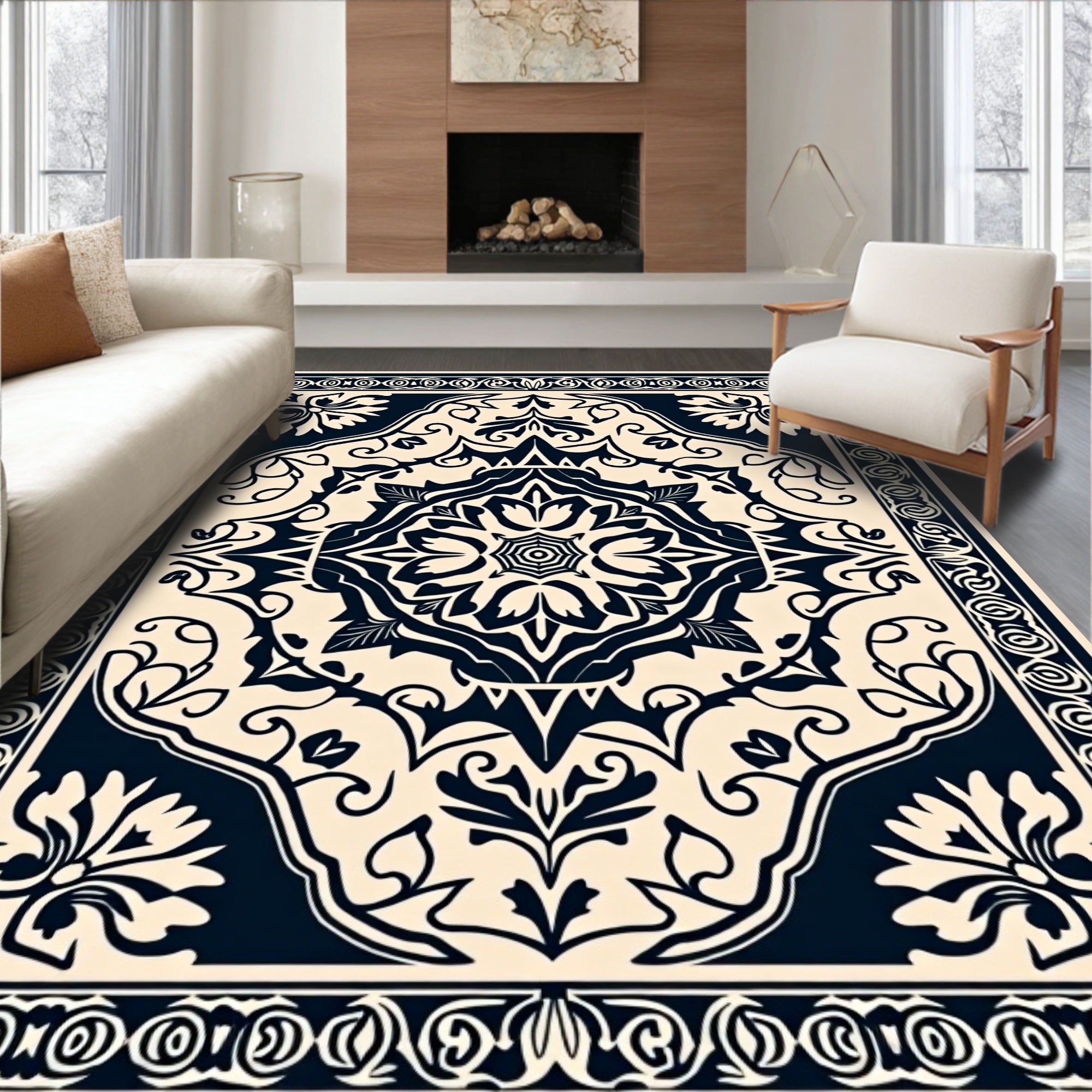 Ornate Cream Navy Floral Medallion Rug