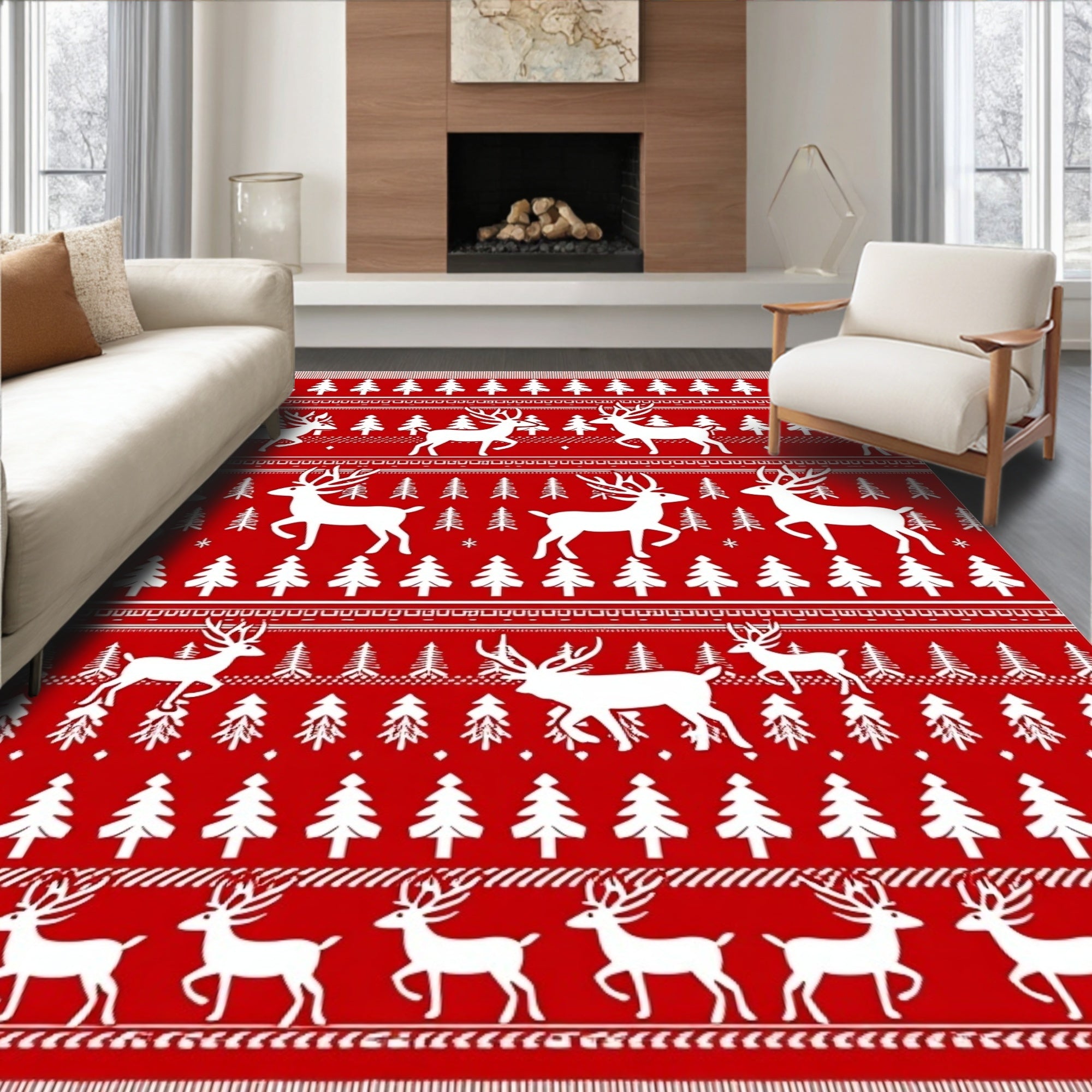 Festive Red White Reindeer Forest Rug