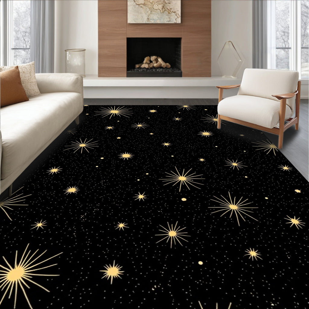 Golden Starburst Galaxy Black Shimmer Rug