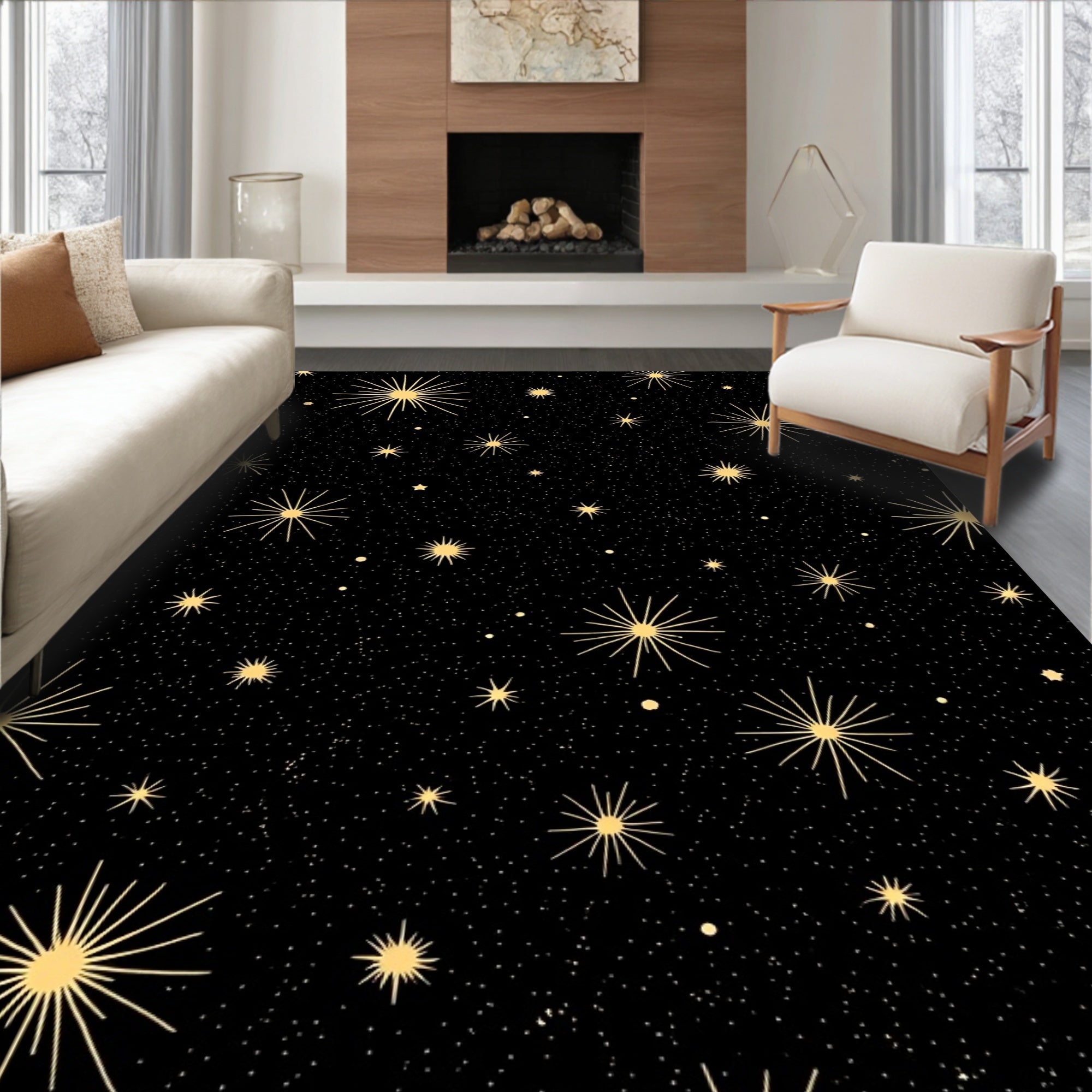 Golden Starburst Galaxy Black Shimmer Rug