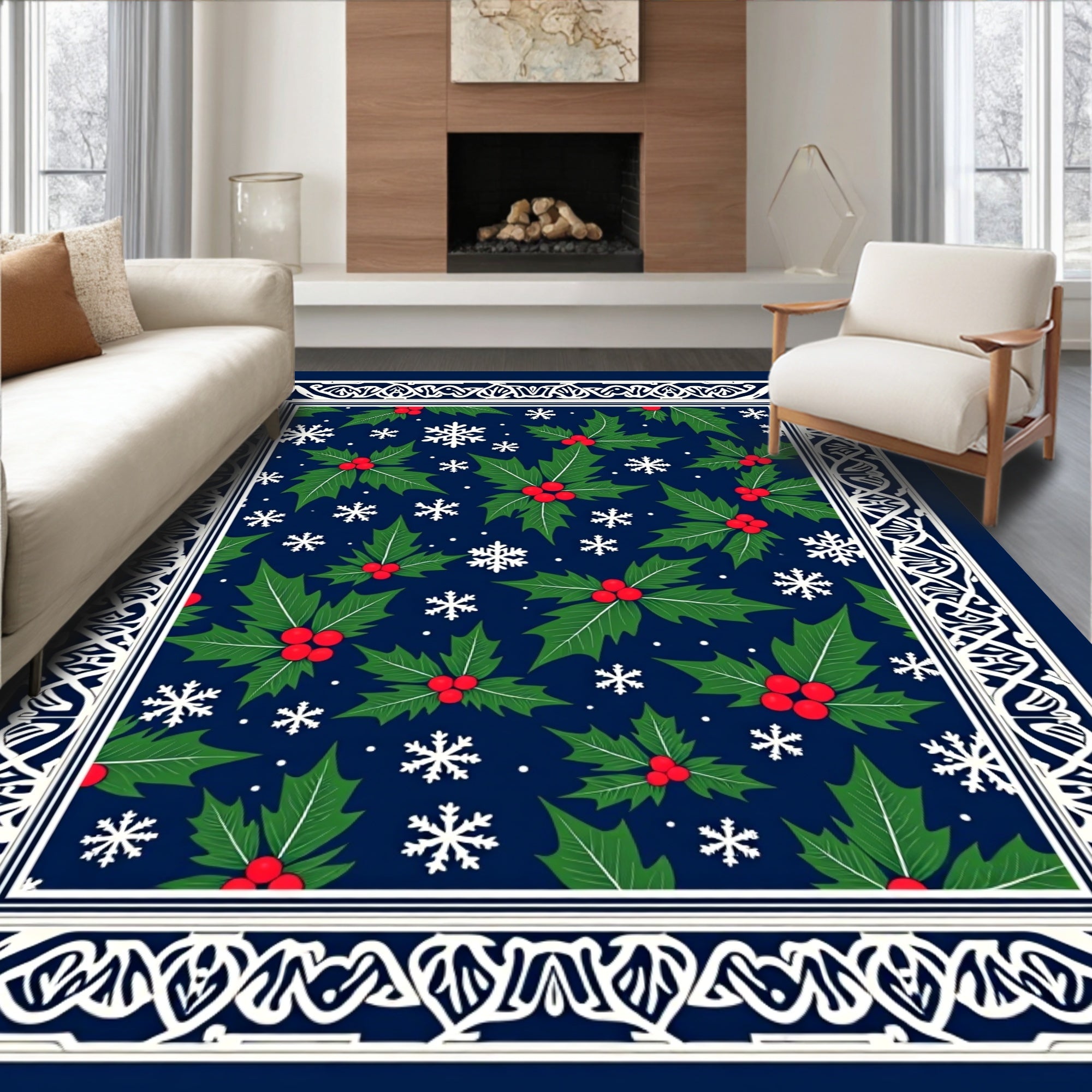Christmas Holly Snowflakes Border Rug