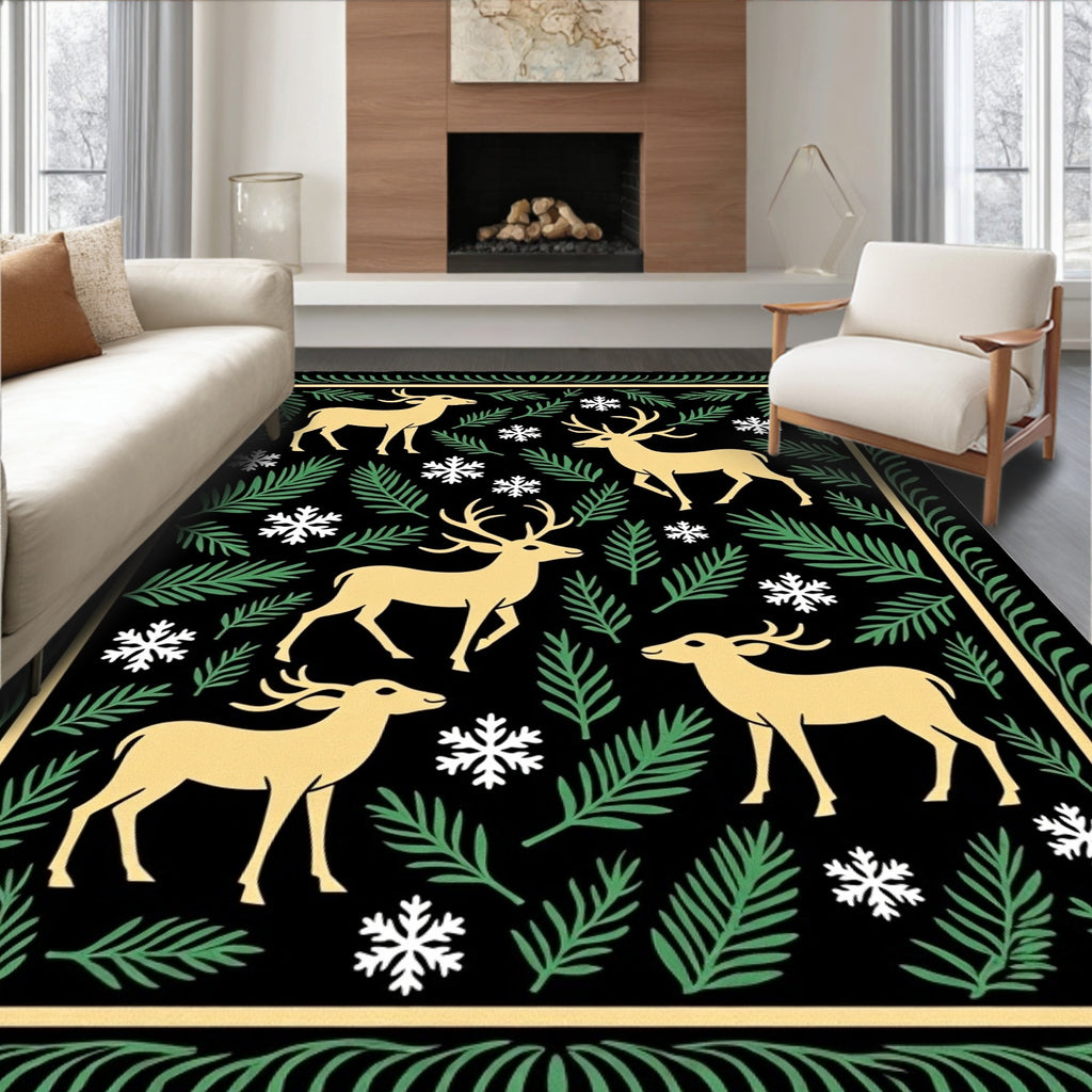 Golden Deer Snowy Forest Border Rug