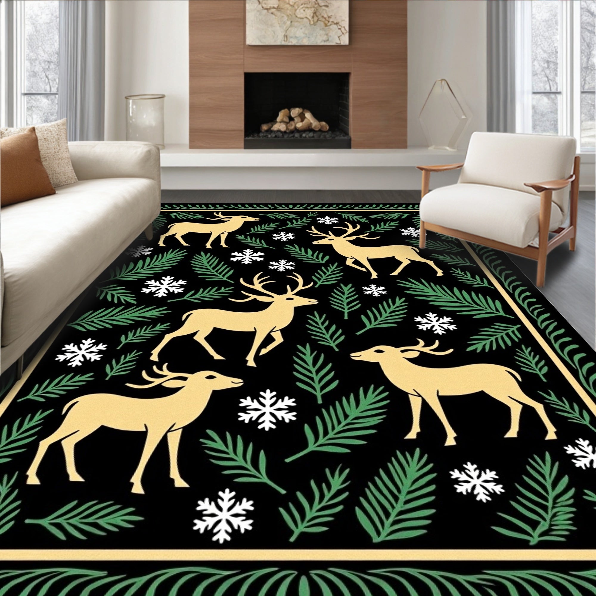Golden Deer Snowy Forest Border Rug