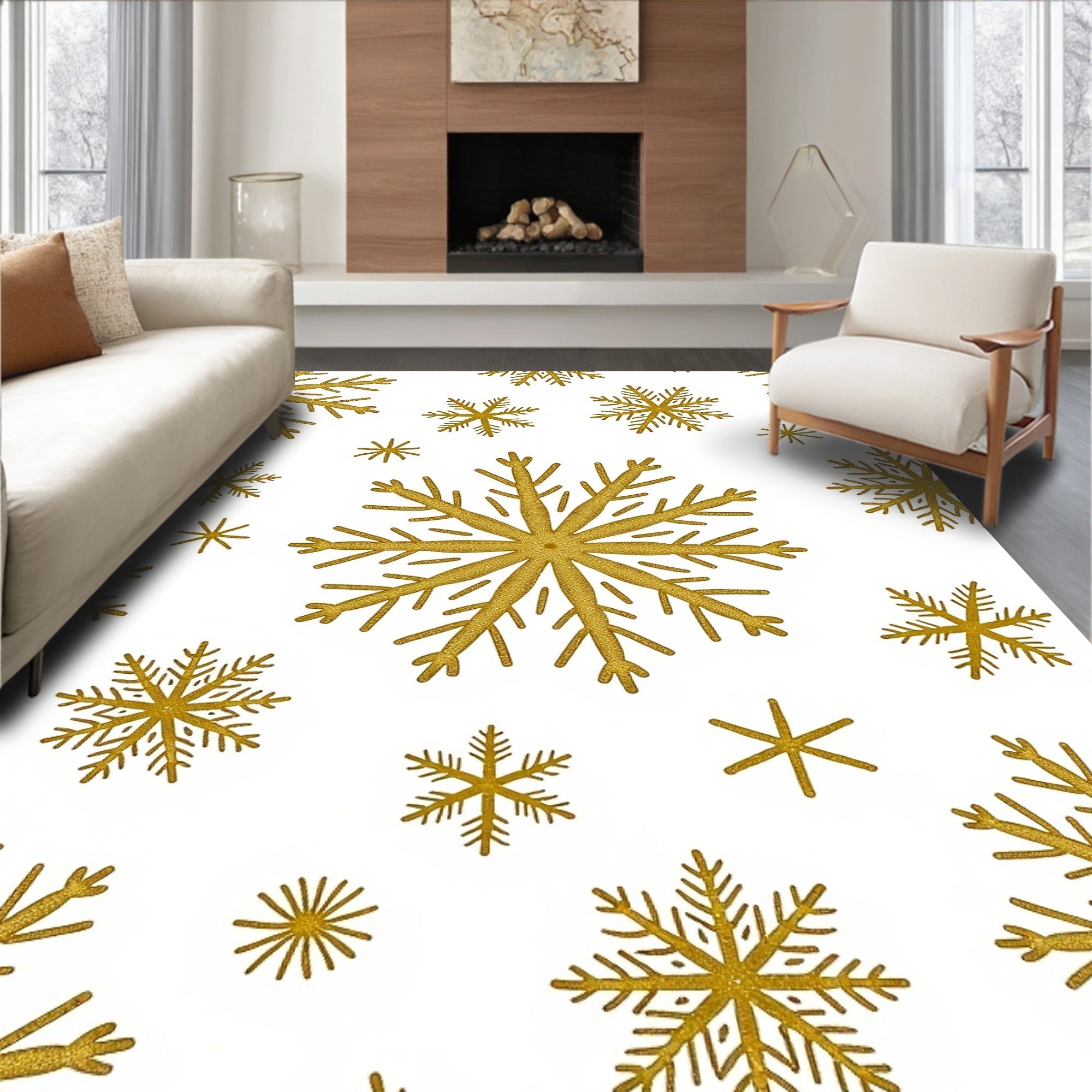 Golden Snowflakes Scattered Across White Rug