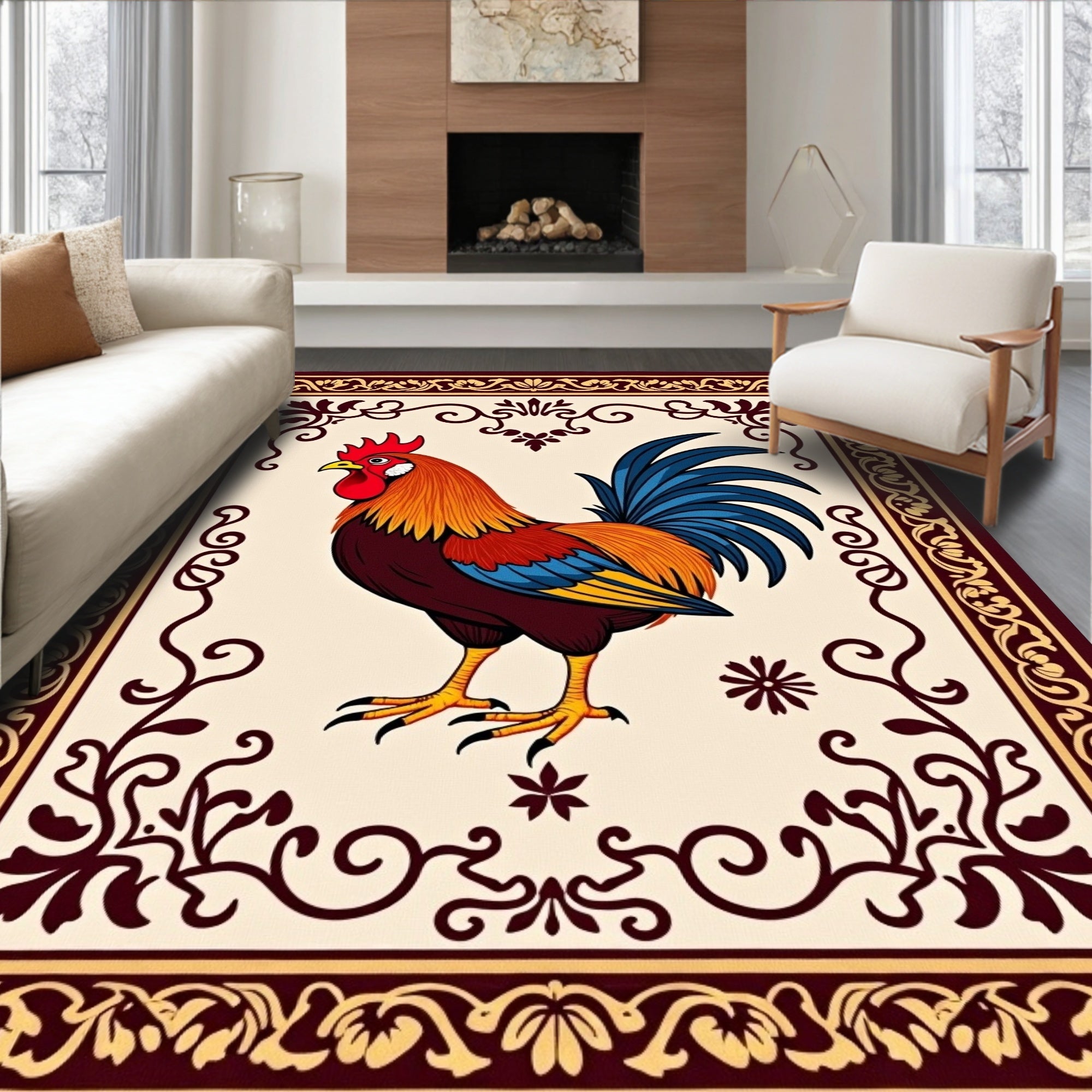 Vibrant Crimson Rooster Floral Border Rug