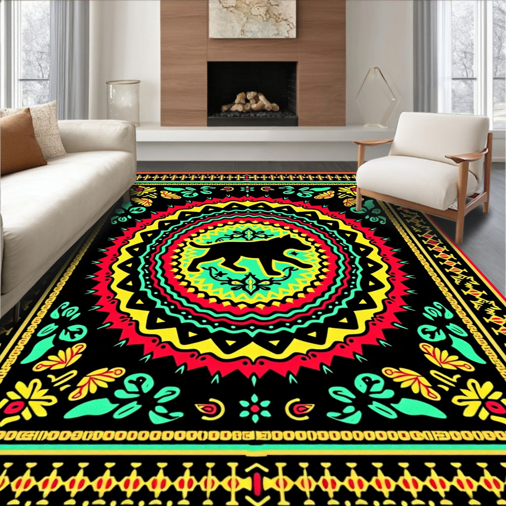 Vibrant Black Dog Mandala Rug