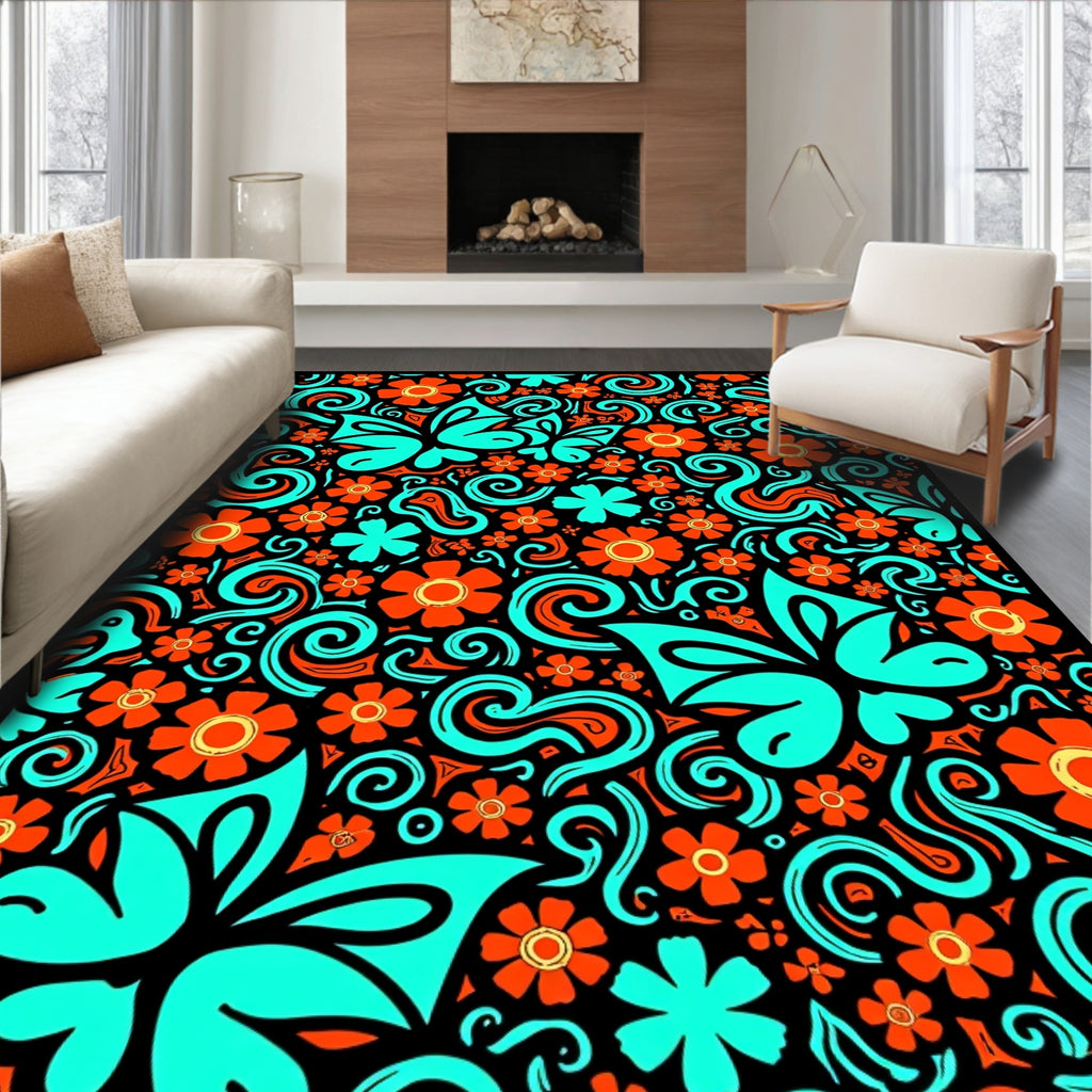 Retro Aqua Orange Floral Swirls Rug