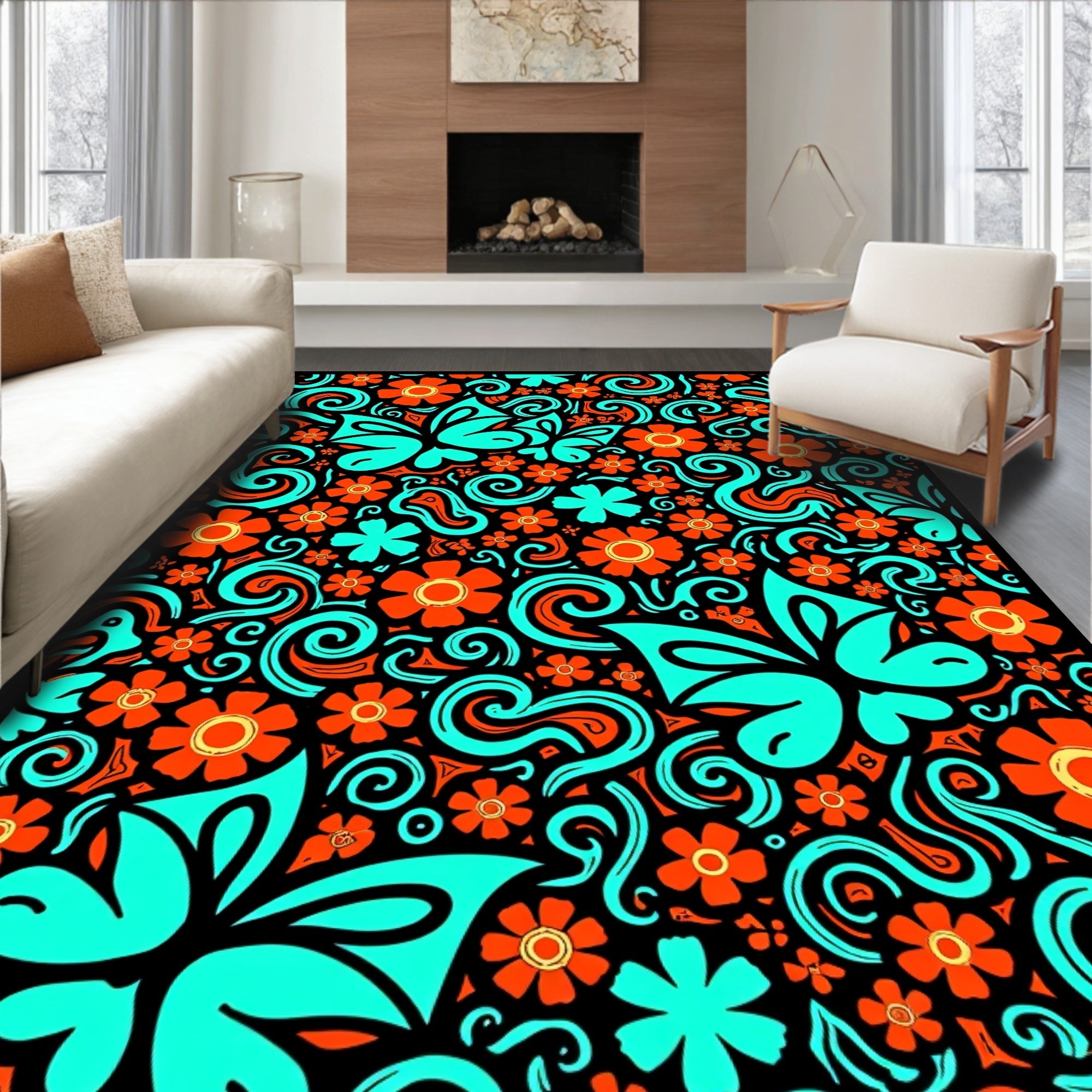 Retro Aqua Orange Floral Swirls Rug