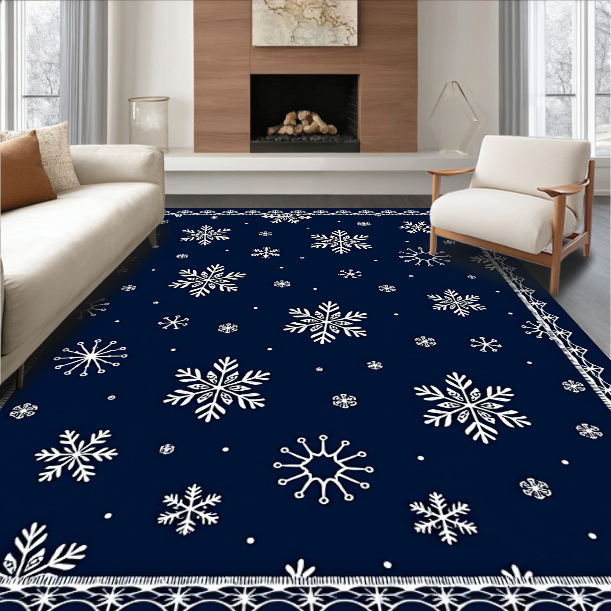Deep Navy White Snowflake Scattered Rug