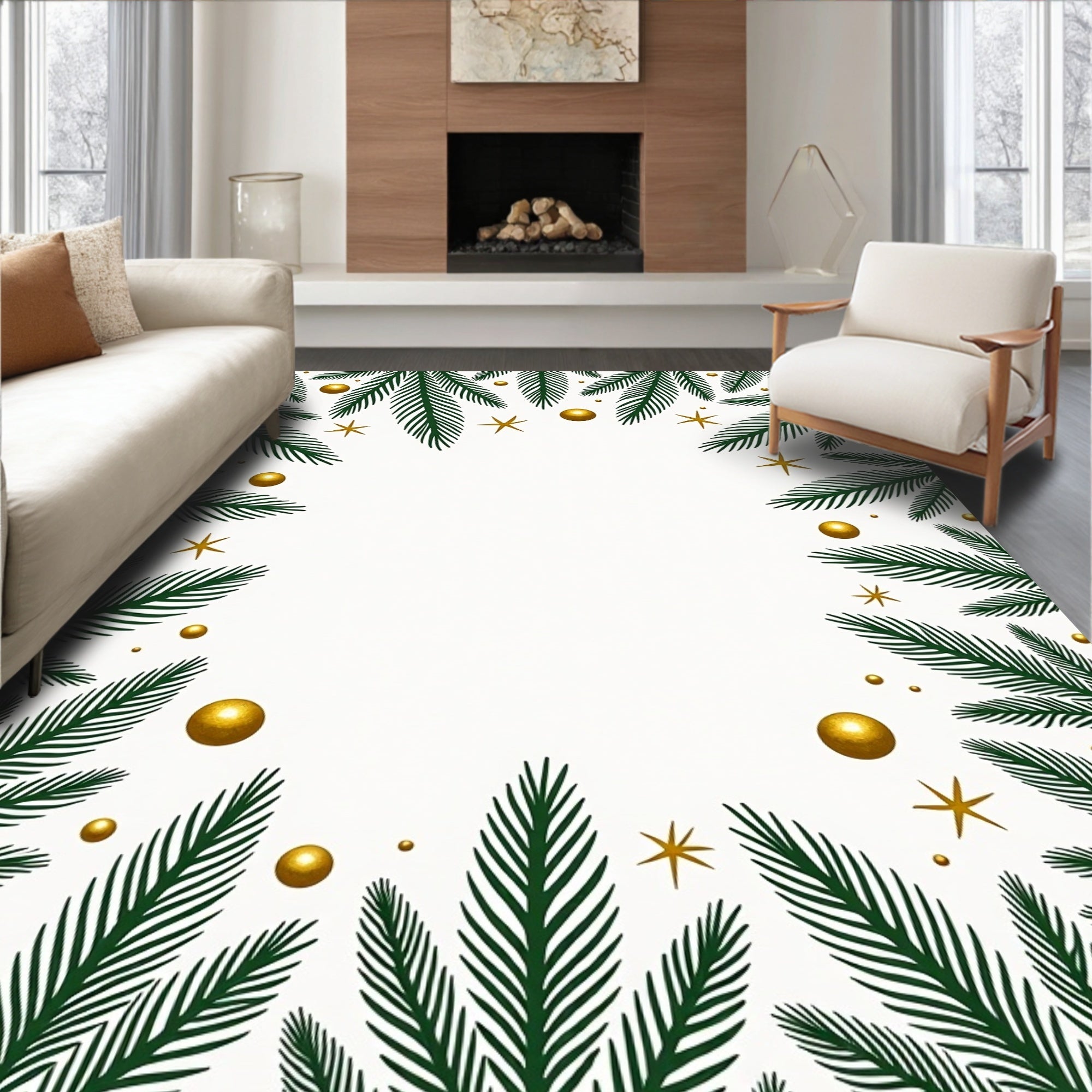 Festive Green Pine Sprigs Gold Orbs Stars Rug