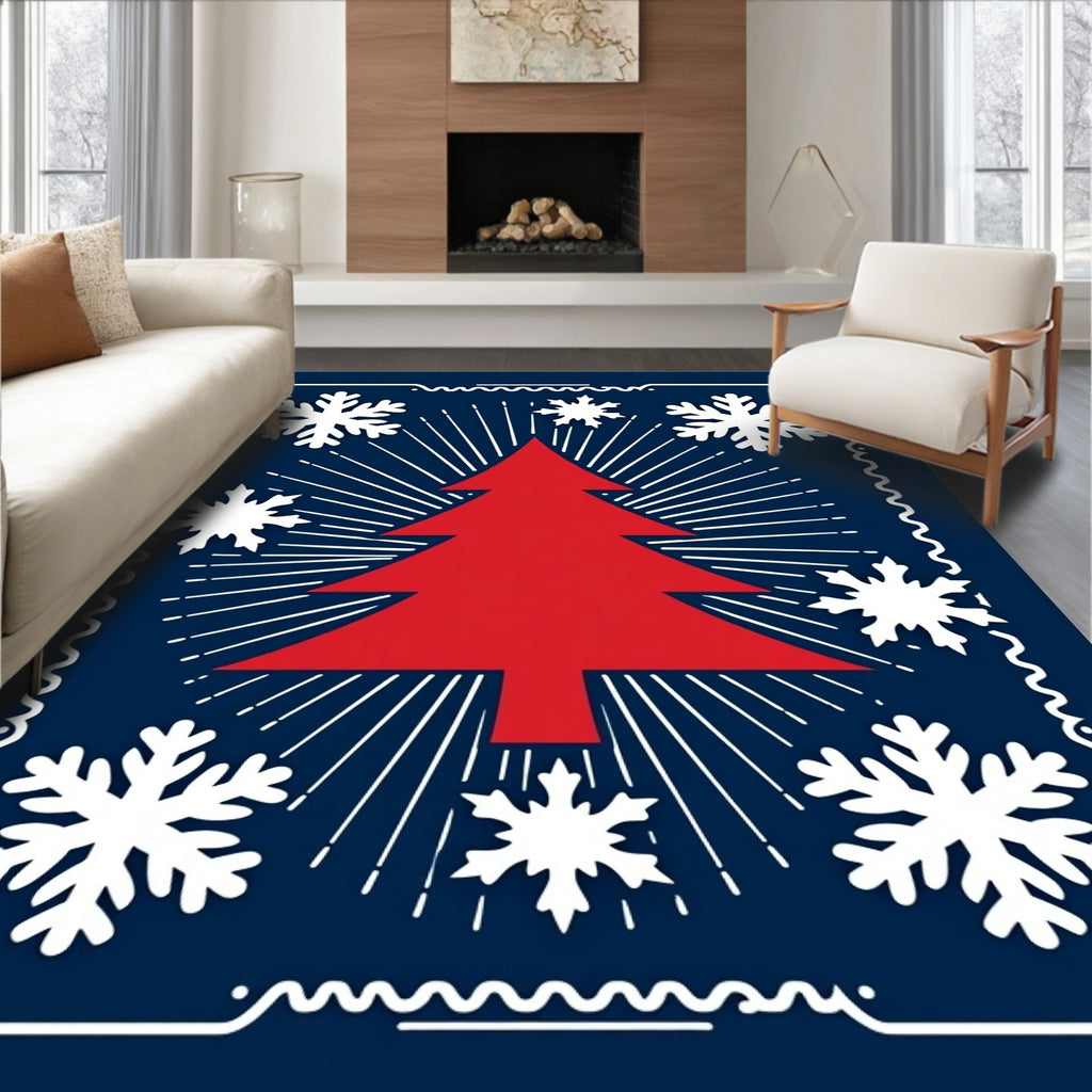 Crimson Tree White Snowflakes Midnight Blue Rug
