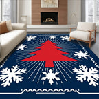 Crimson Tree White Snowflakes Midnight Blue Rug