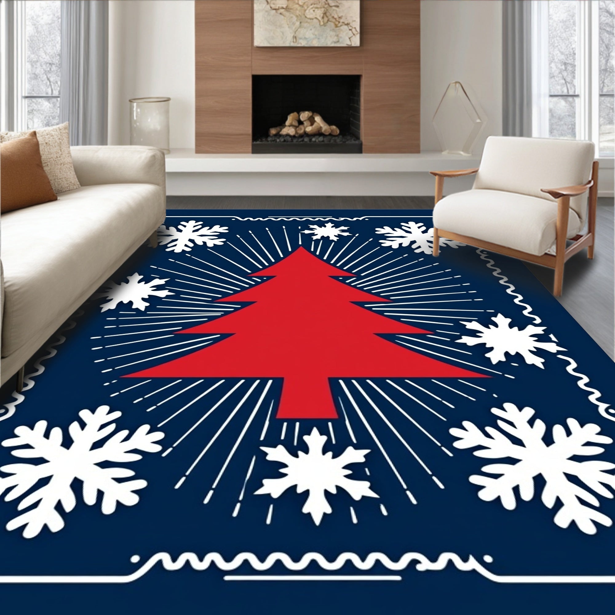 Crimson Tree White Snowflakes Midnight Blue Rug