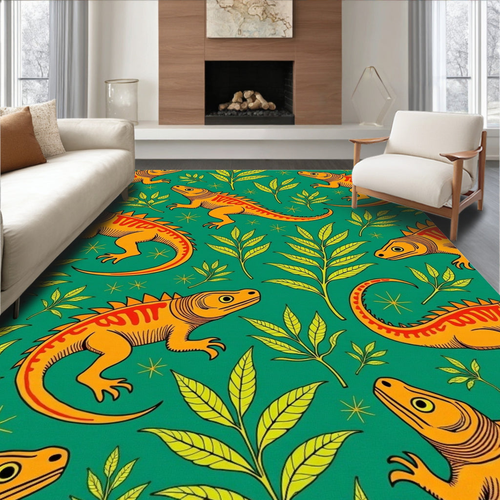 Orange Lizard Green Foliage Mid-Century Rug