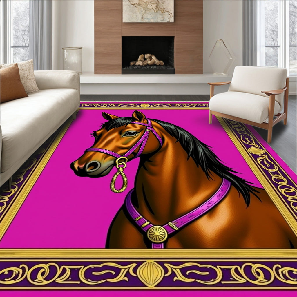 Majestic Brown Horse Magenta Border Rug