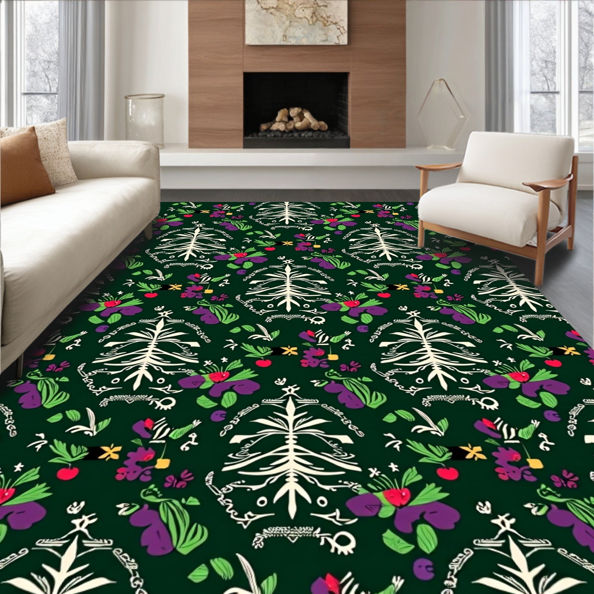White Tree Floral Folk Art Rug