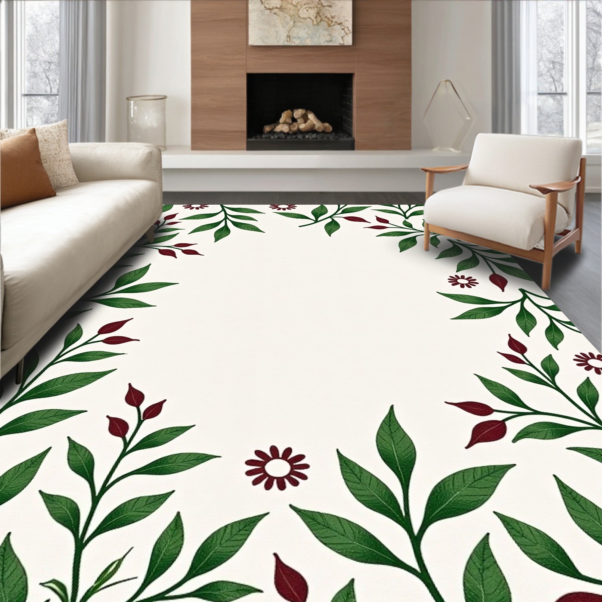 Dark Green Leafy Floral Arrangement Rug