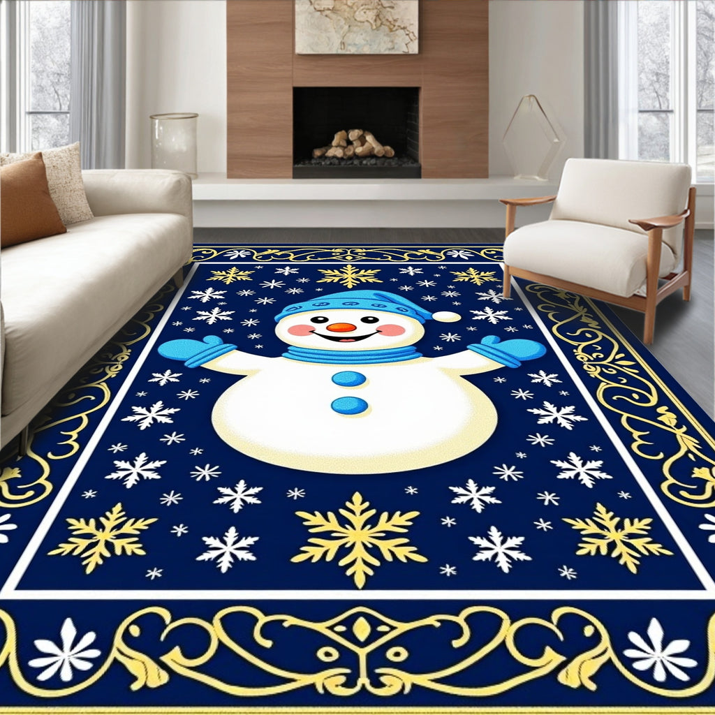 Dark Blue Snowman Snowflake Border Rug