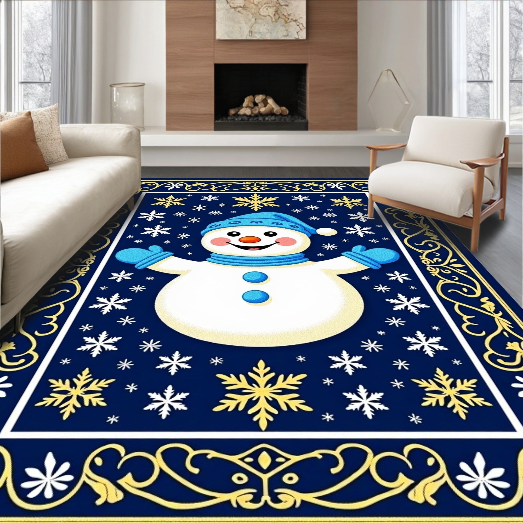 Dark Blue Snowman Snowflake Border Rug