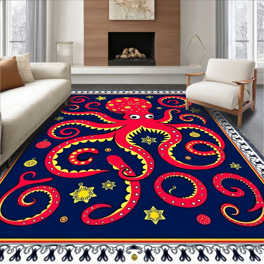 Vibrant Red Octopus Starry Navy Rug