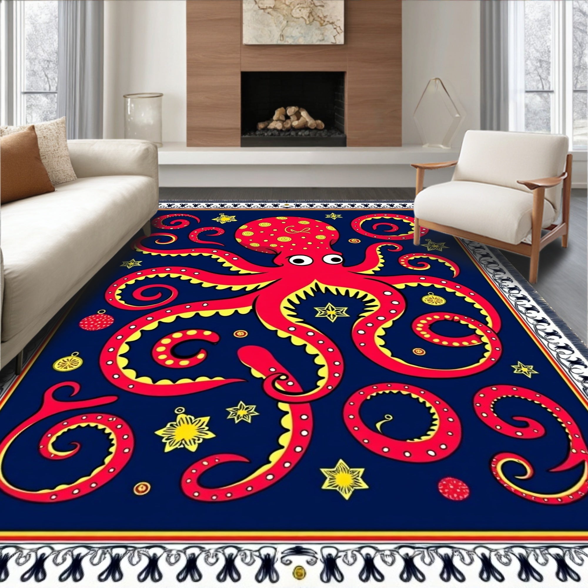 Vibrant Red Octopus Starry Navy Rug