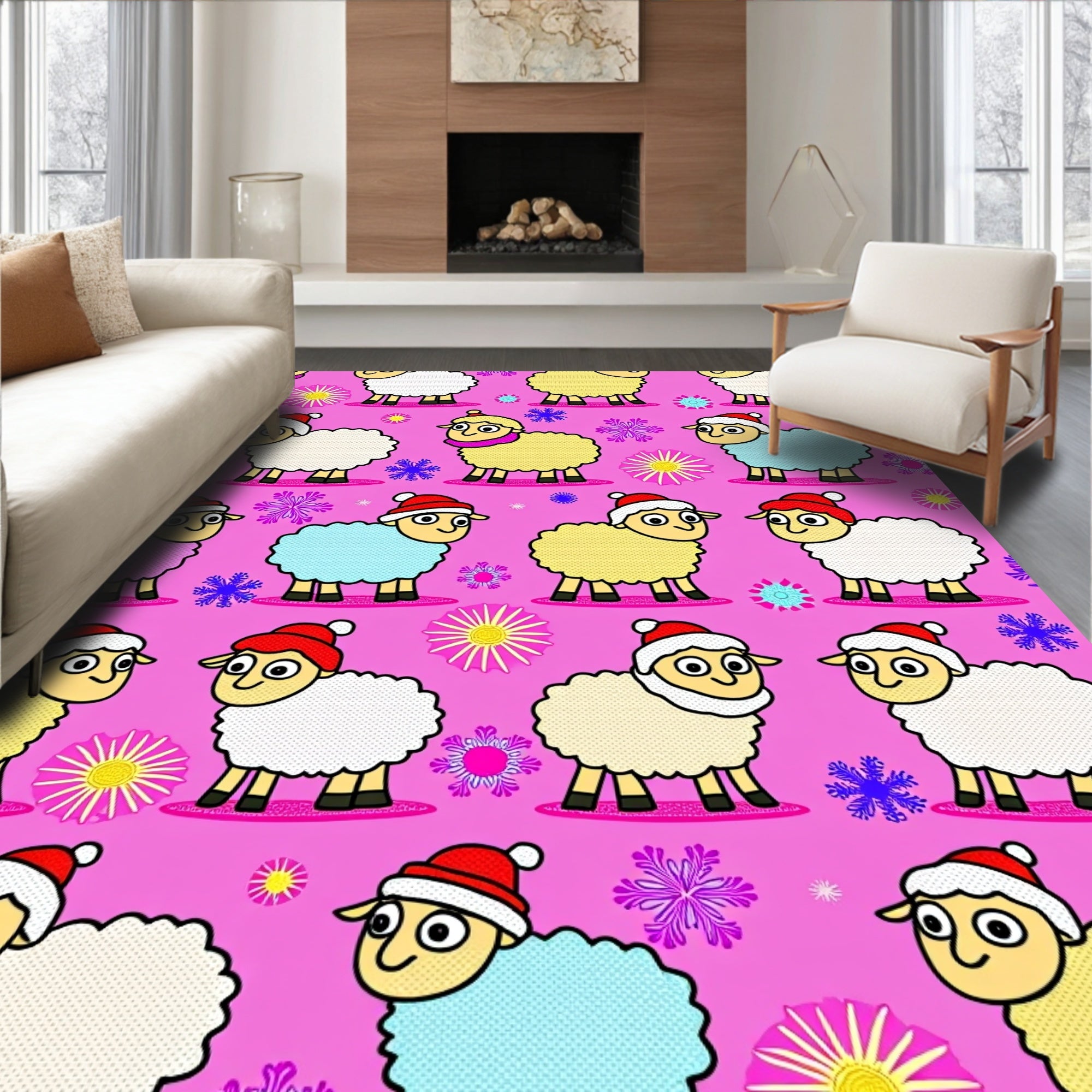 Pink Festive Sheep Snowflakes Rug