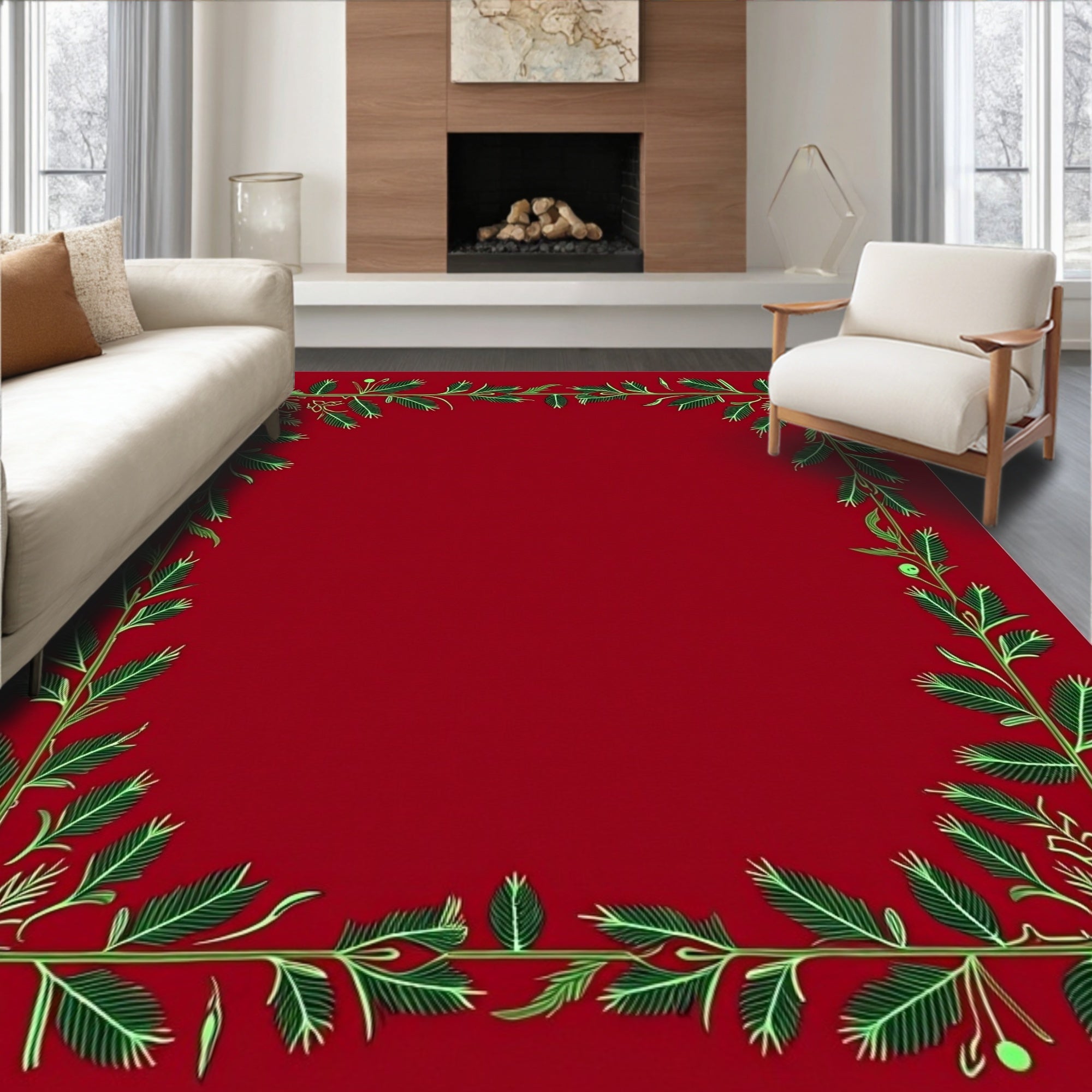 Festive Red Green Leaf Garland Border Rug