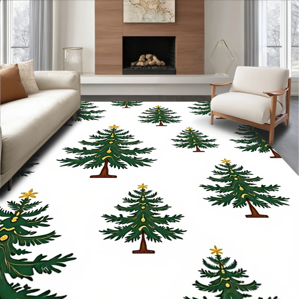 Festive Green Christmas Trees Gold Ornaments Rug