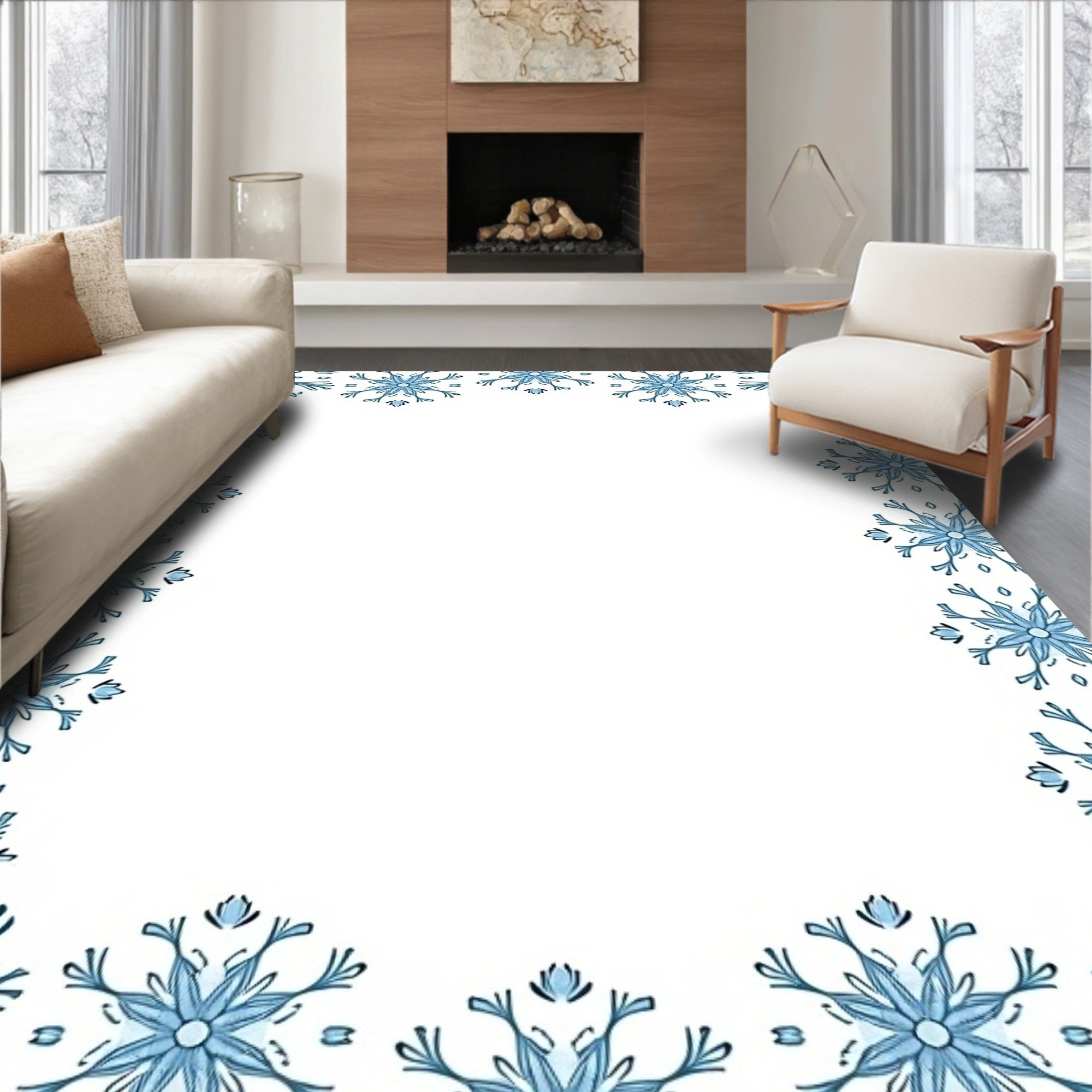 Winter Blue Snowflake Border Rug