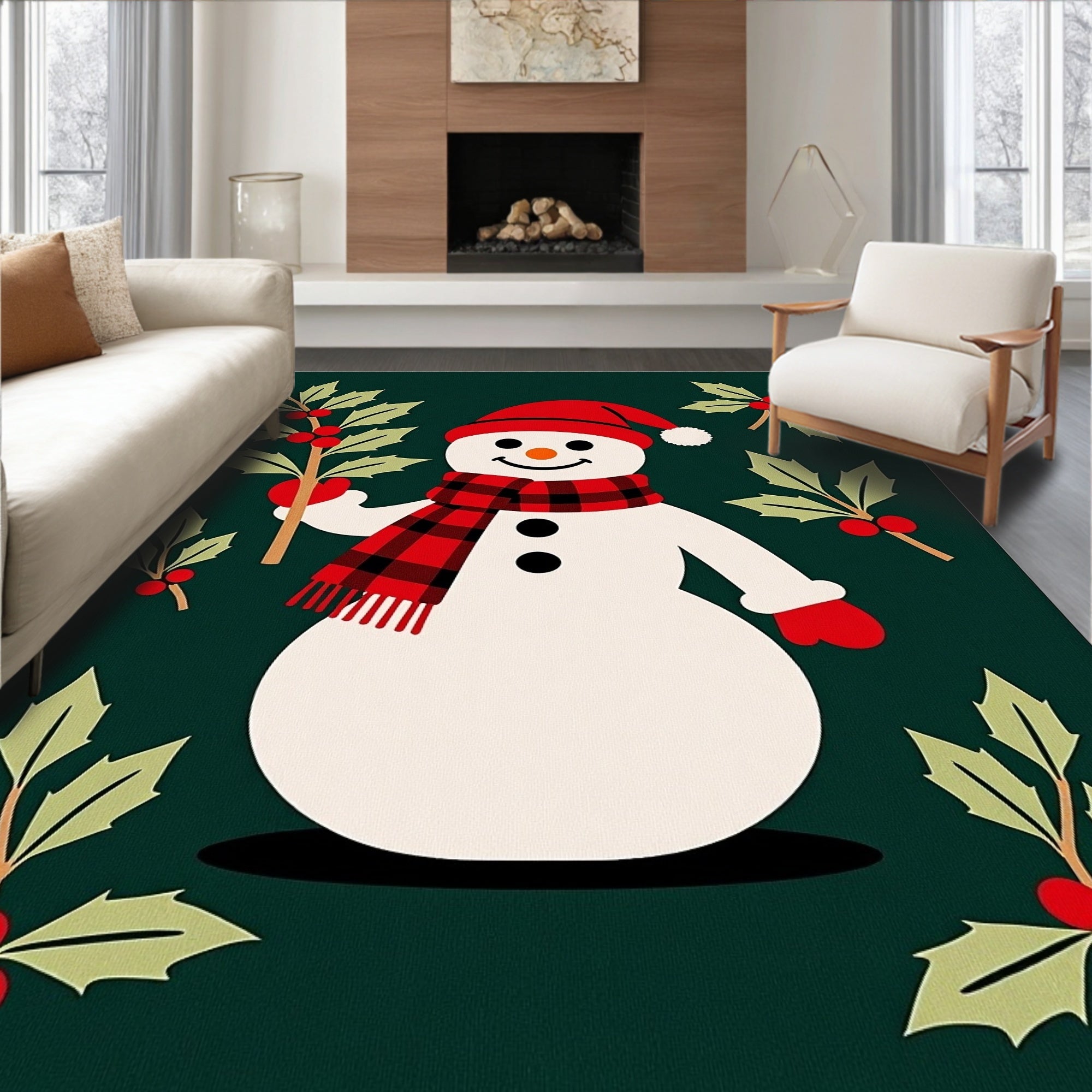Festive Snowman Holly Garland Rug