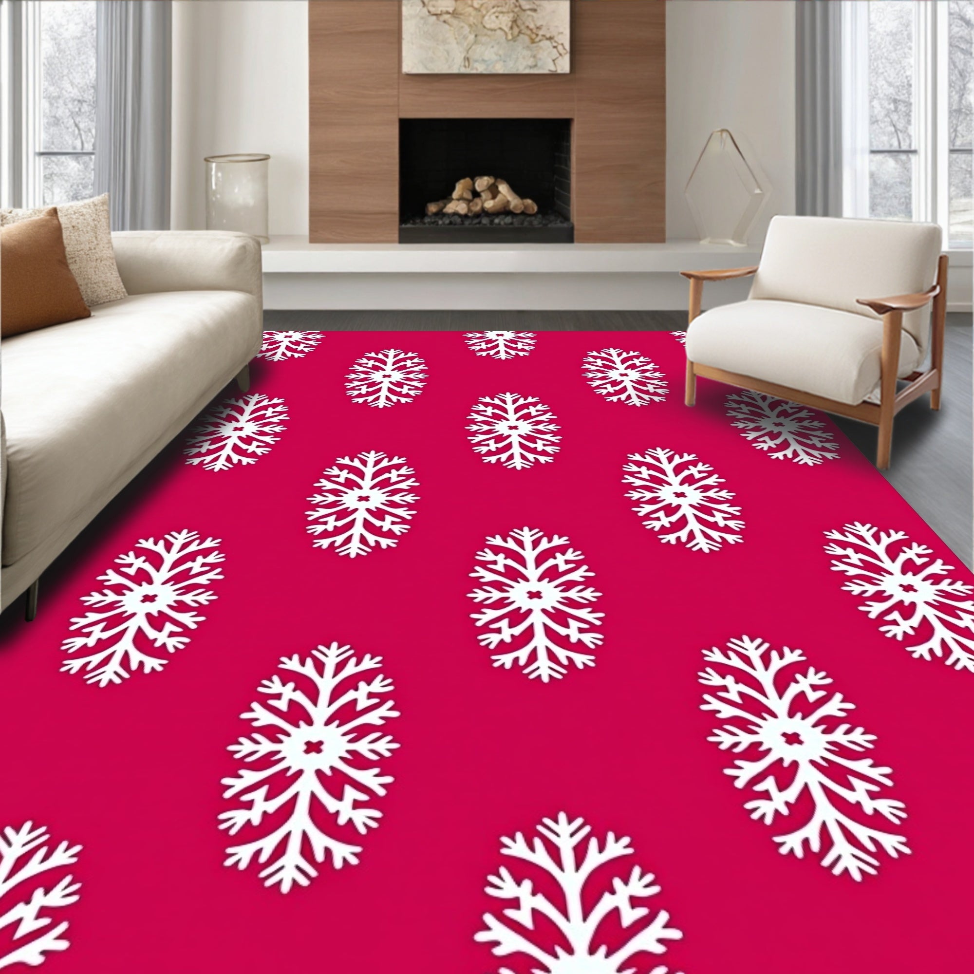 Crimson White Snowflake Repeat Rug