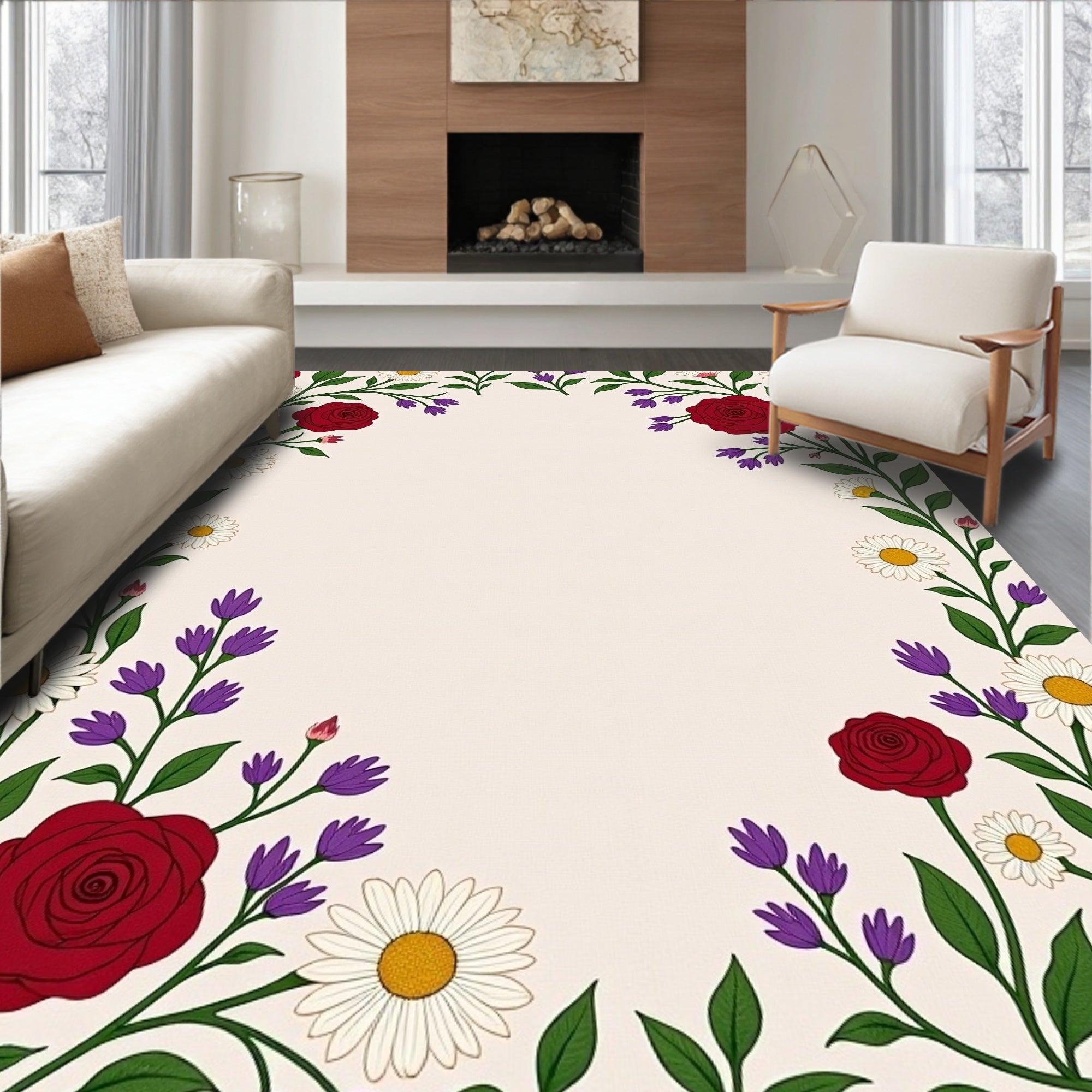 Crimson Rose White Daisy Garden Arrangement Rug