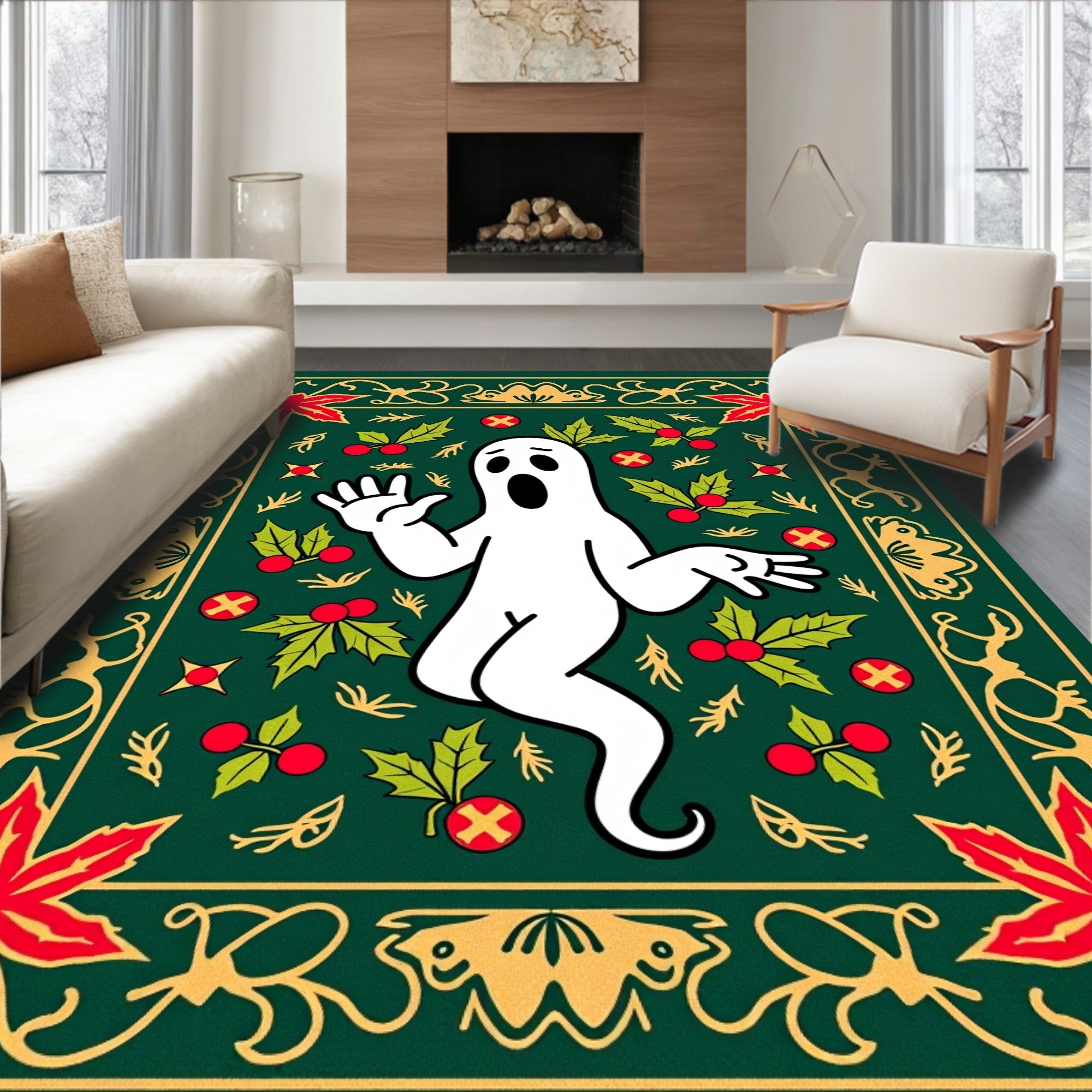 Spooky Ghost Holly Christmas Border Rug