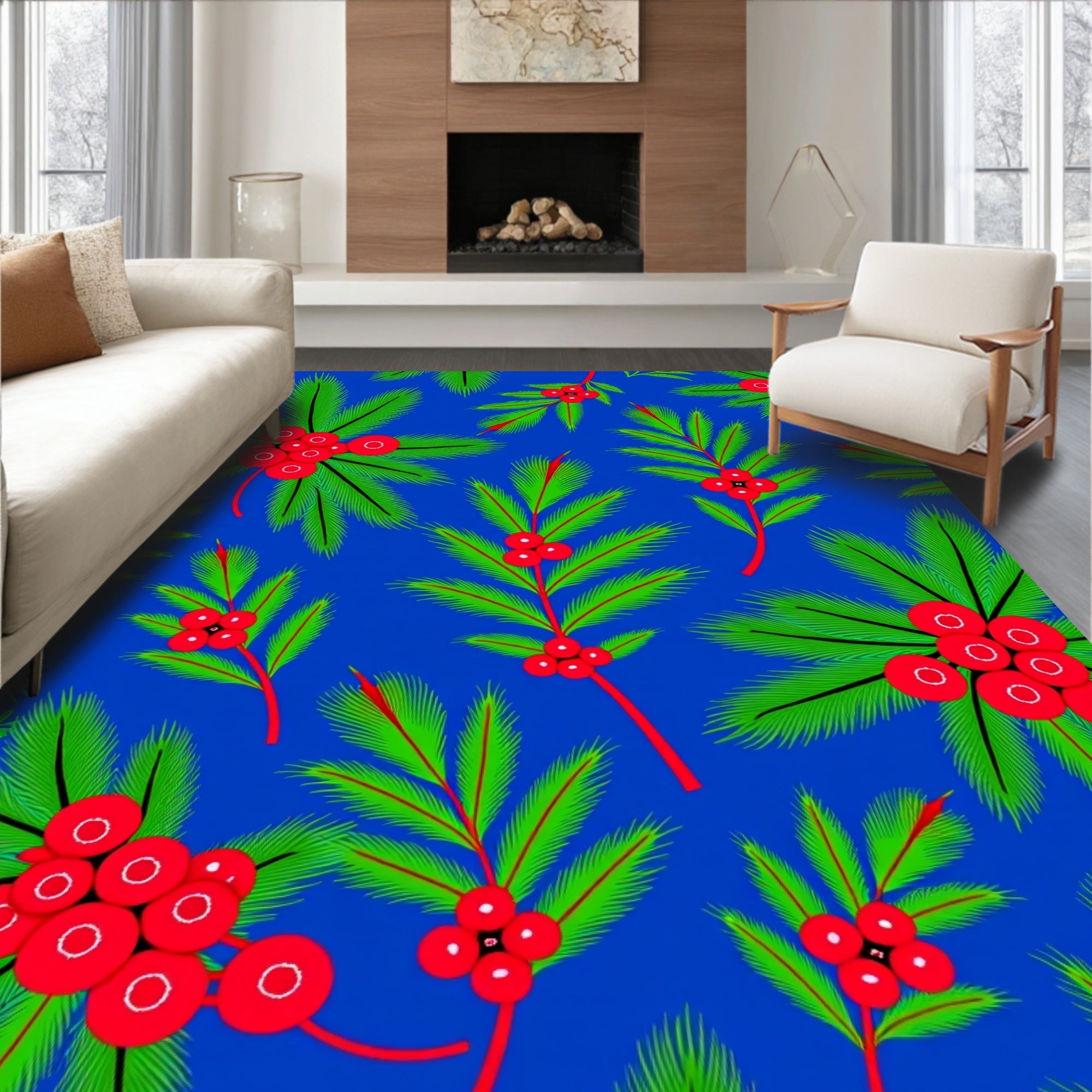 Vibrant Red Berry Evergreen Branch Rug