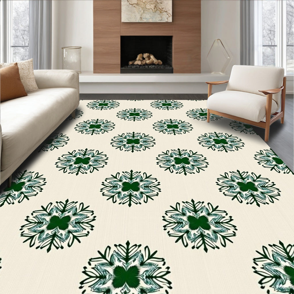 Deep Green Snowflake Medallion Cream Rug