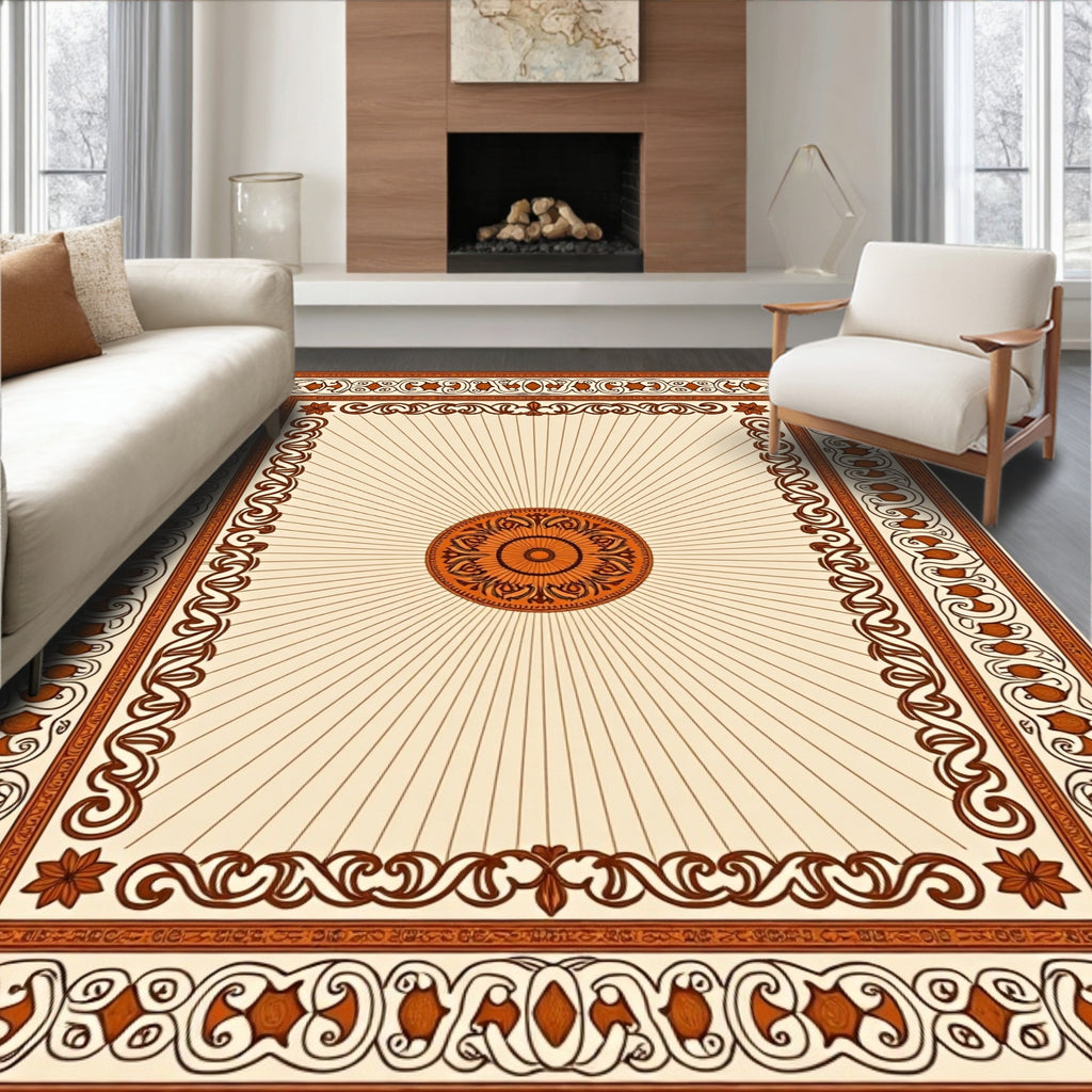 Ornate Sunburst Medallion Brown Border Rug