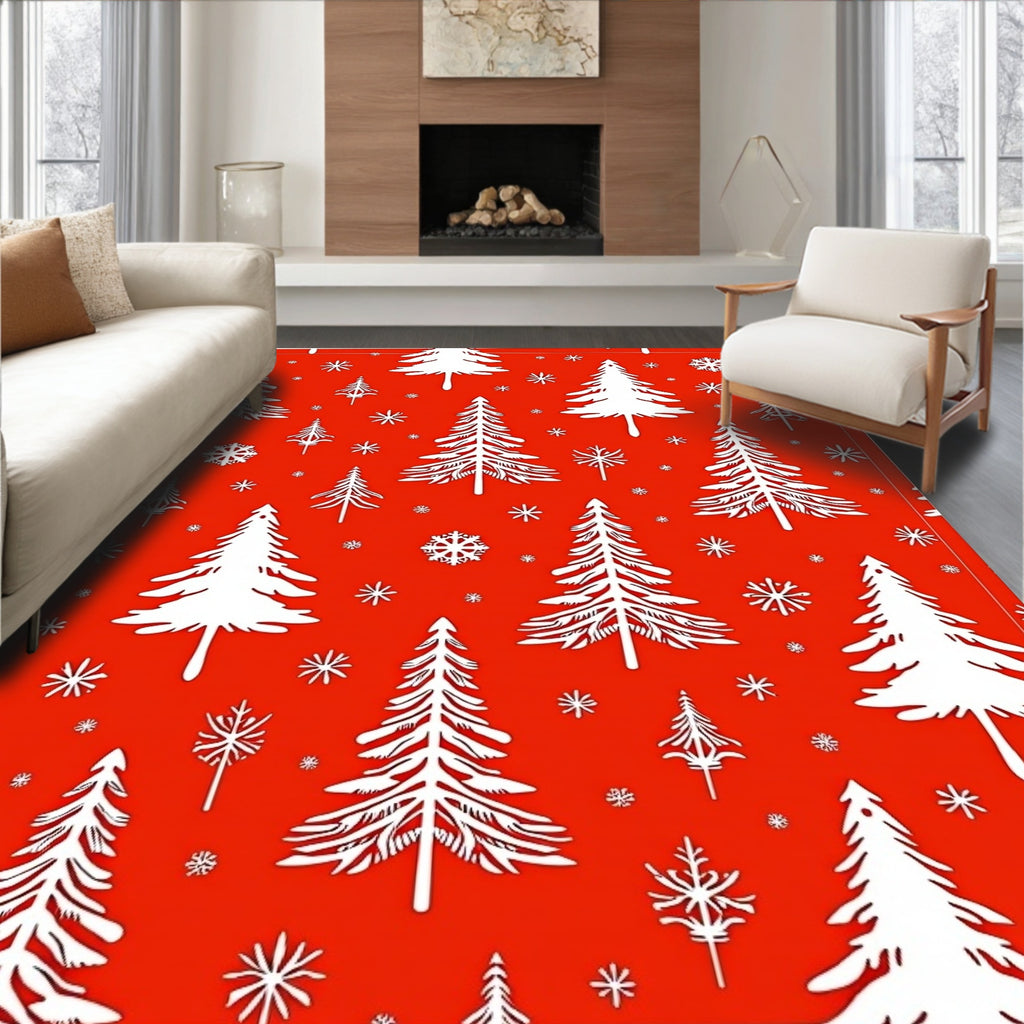 Crimson White Evergreen Snowscape Rug