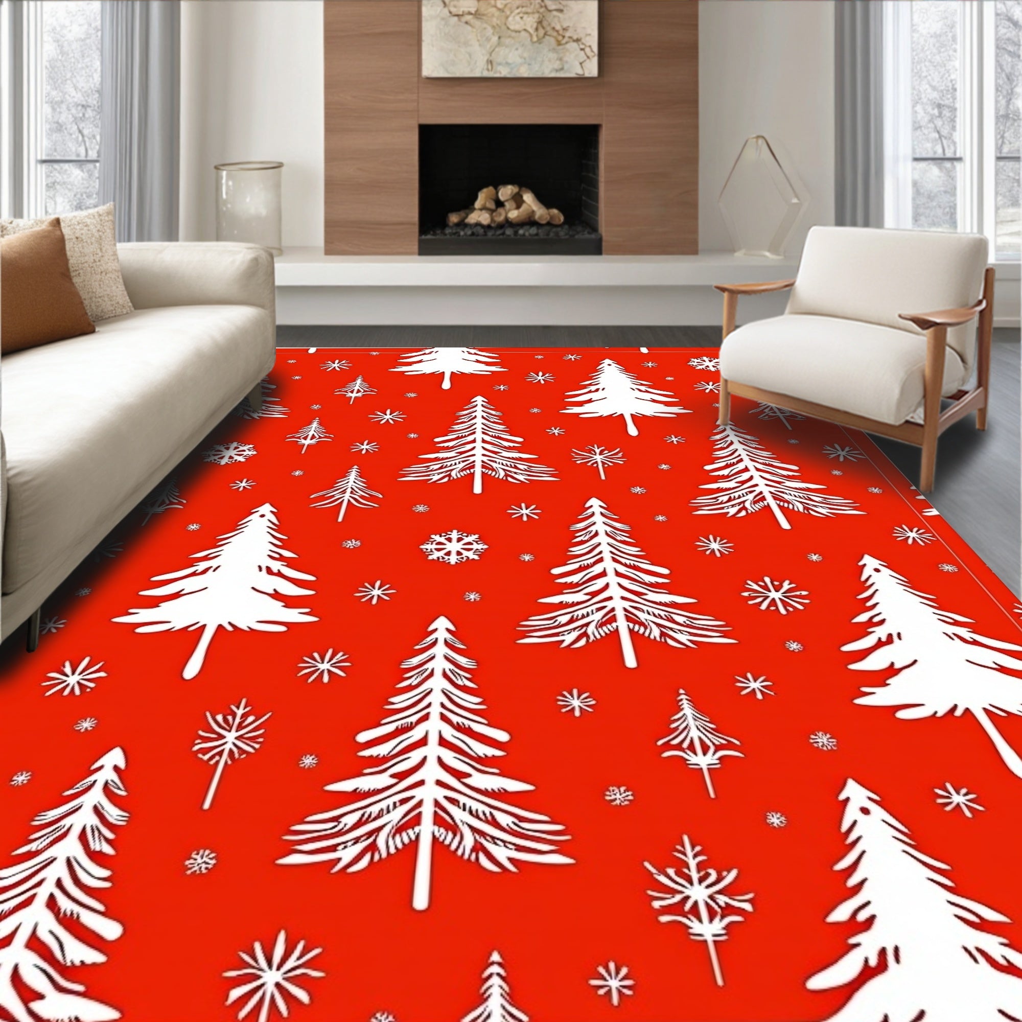Crimson White Evergreen Snowscape Rug
