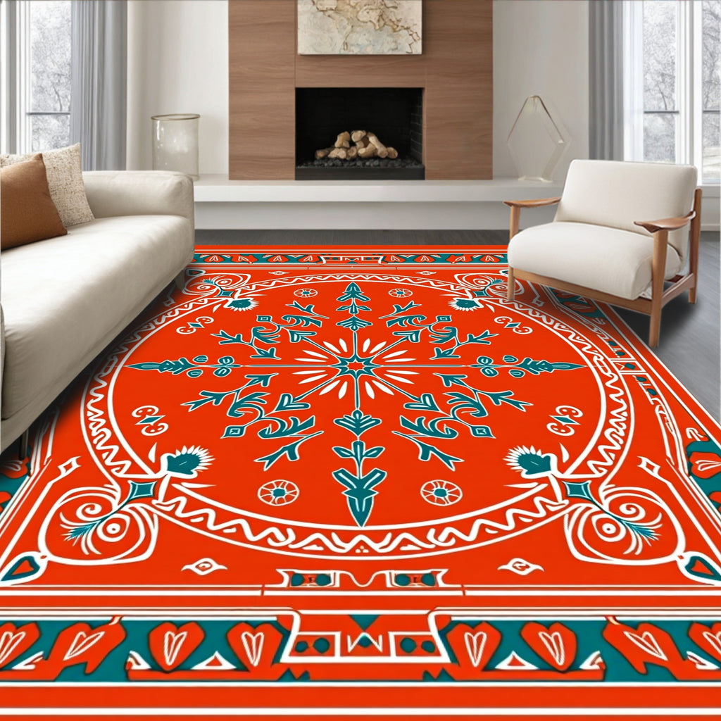 Bold Red Teal Floral Medallion Rug