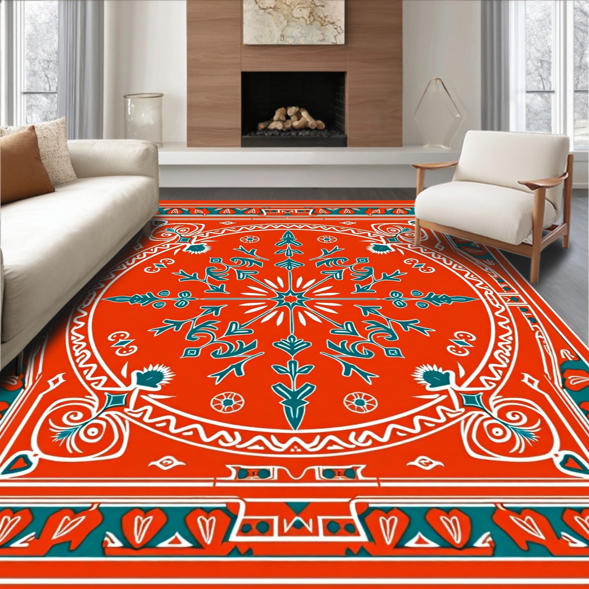 Bold Red Teal Floral Medallion Rug