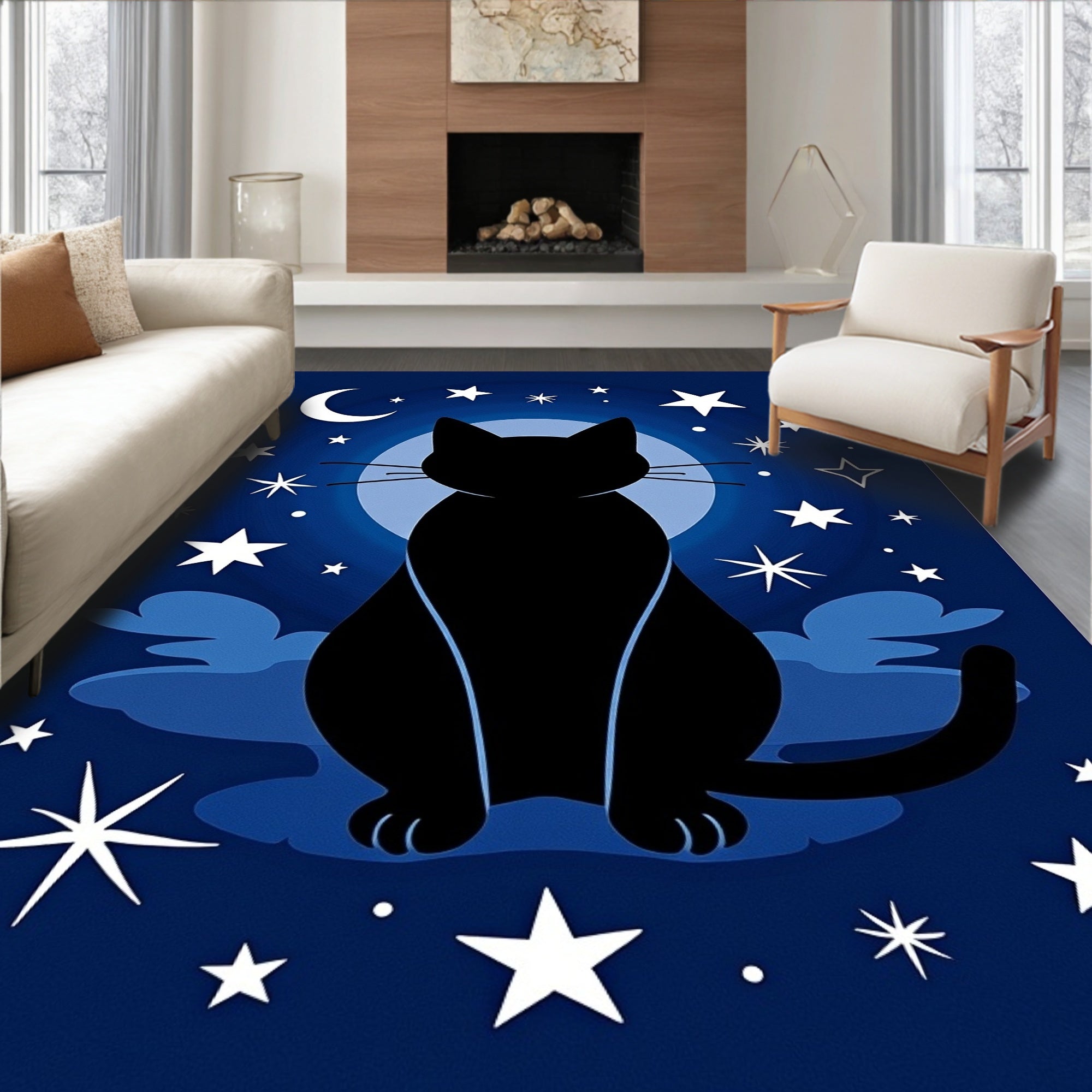 Midnight Black Cat Celestial Stars Rug