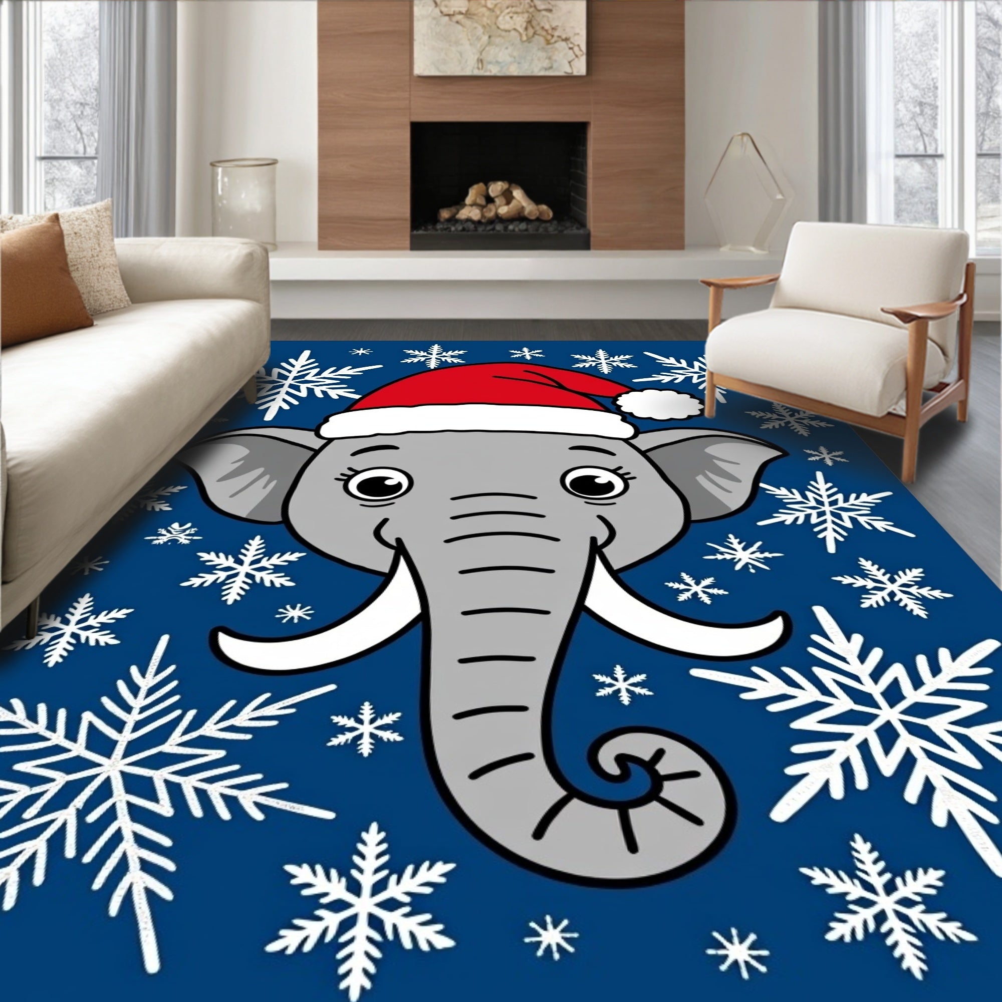 Festive Elephant Snowflakes Christmas Rug