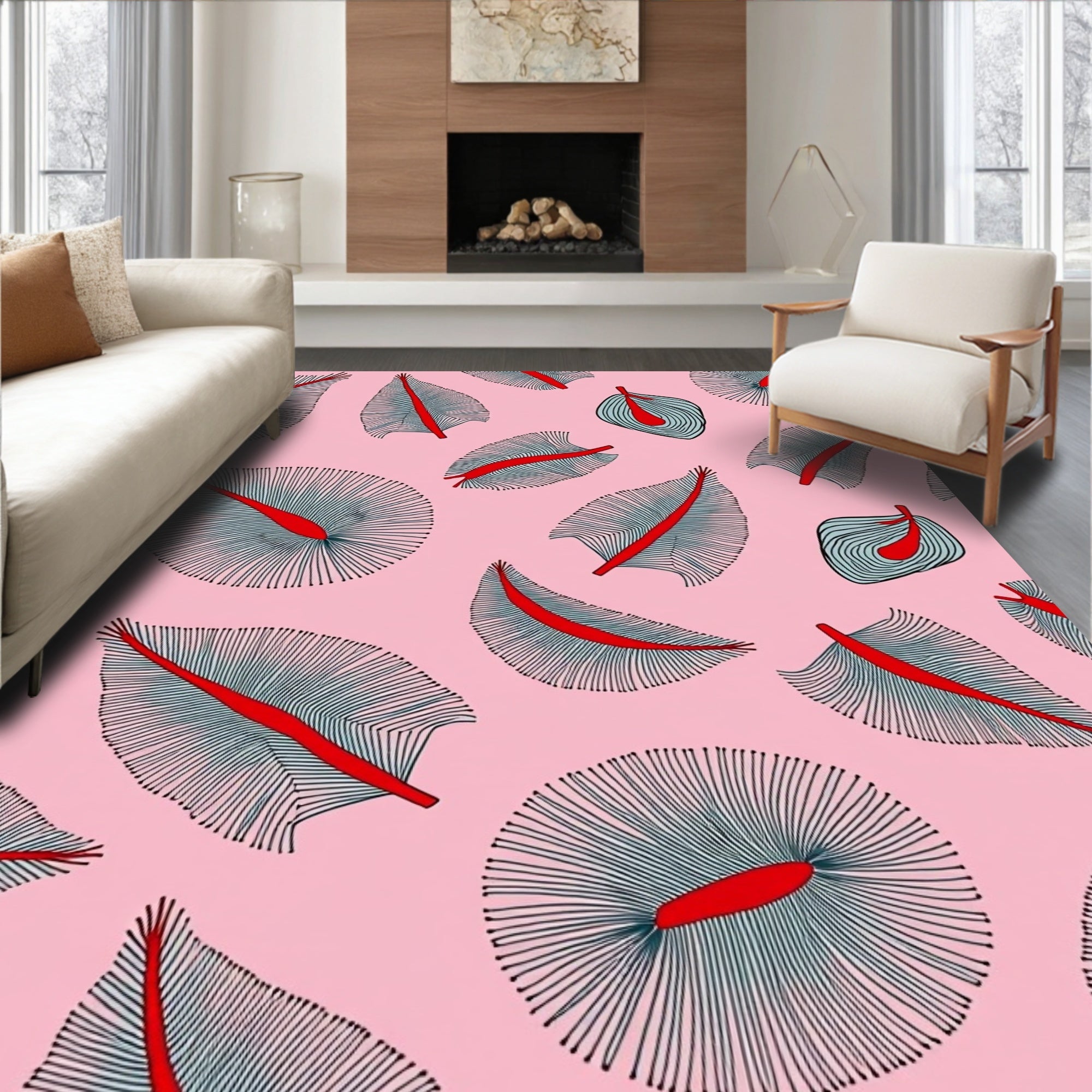 Pink Red Abstract Leafy Shapes Rug