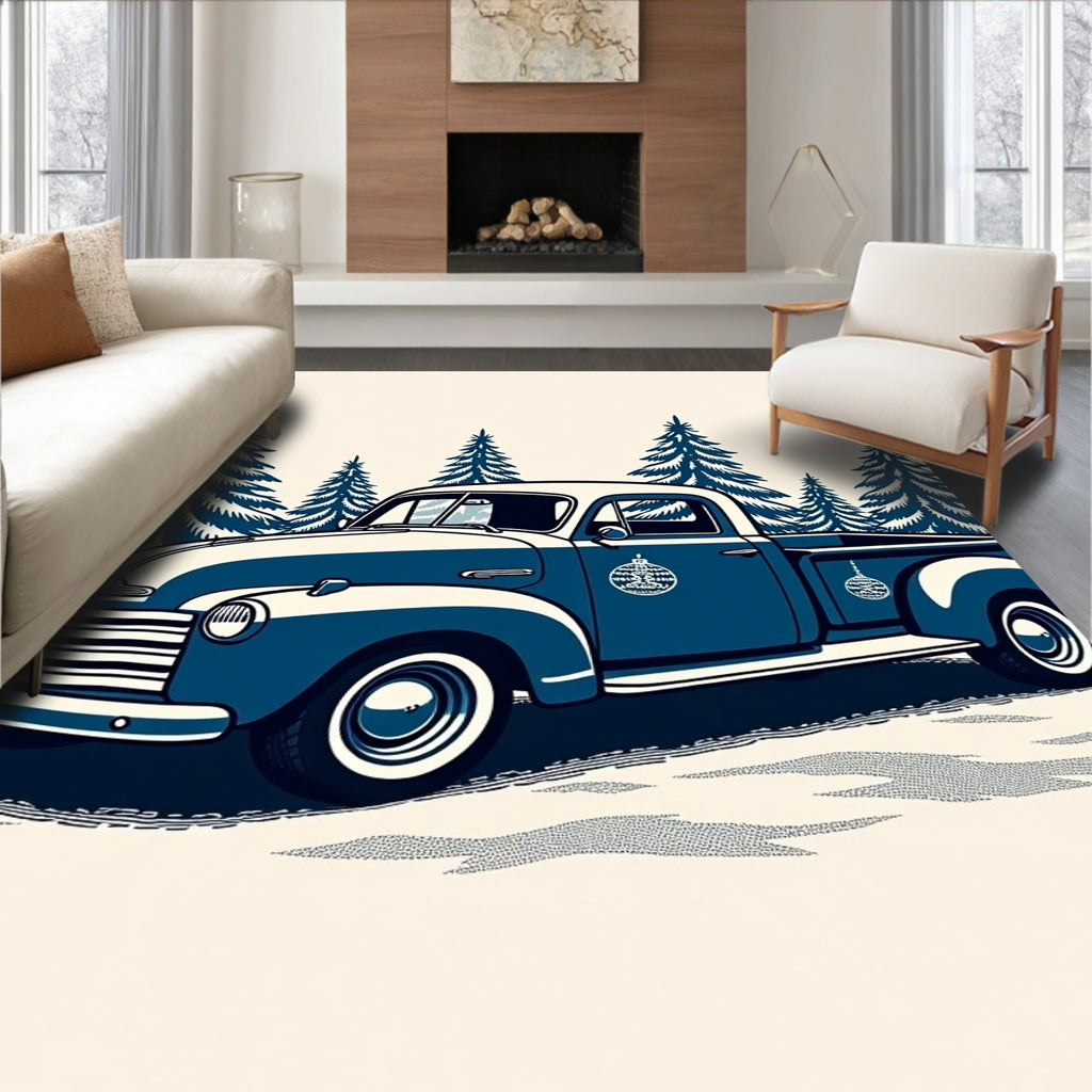 Vintage Blue Pine Tree Pickup Truck Rug