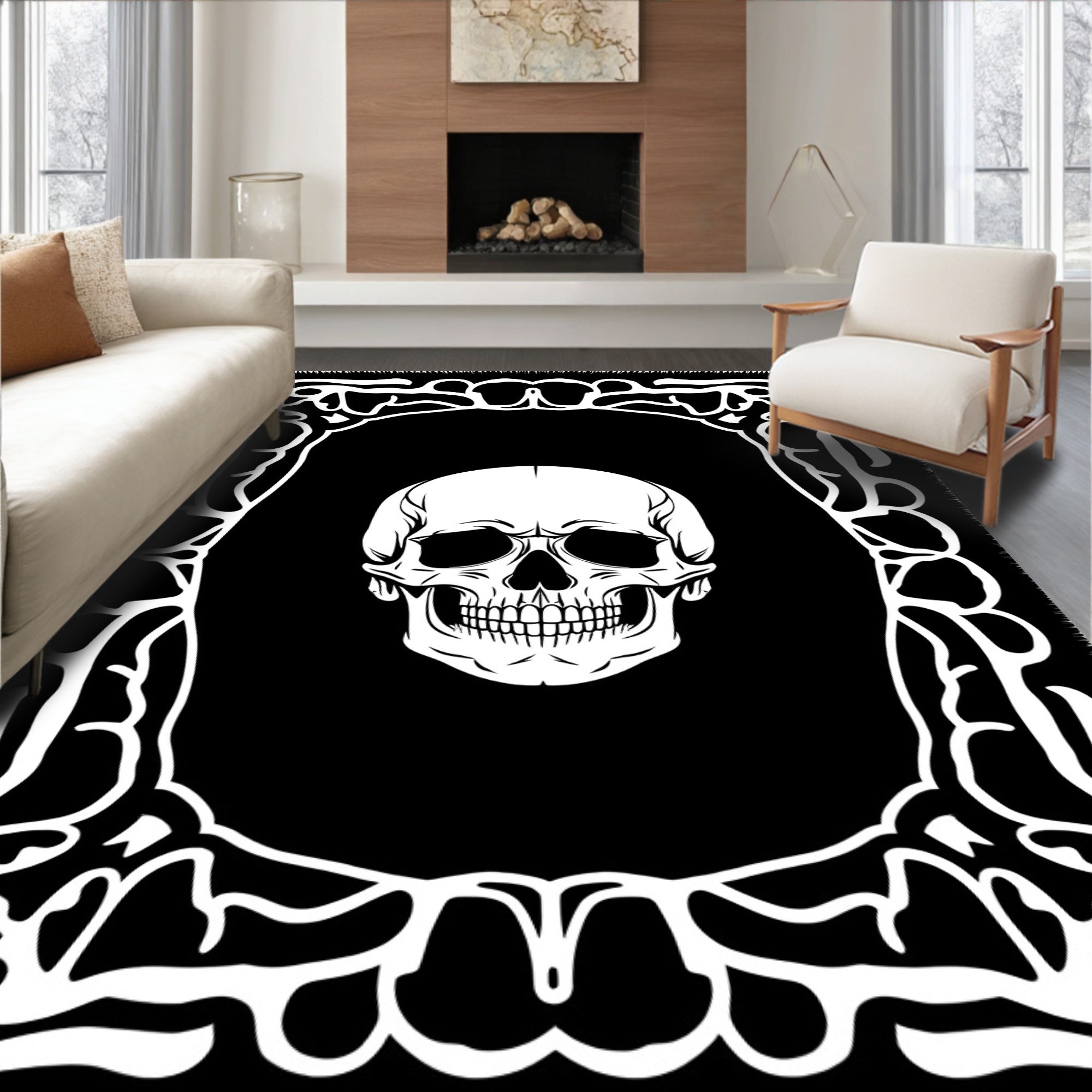 Monochromatic Skull Ornate Frame Rug