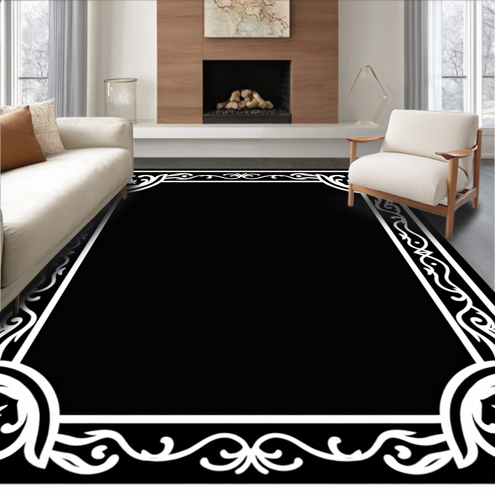 Ornate Black White Floral Frame Rug