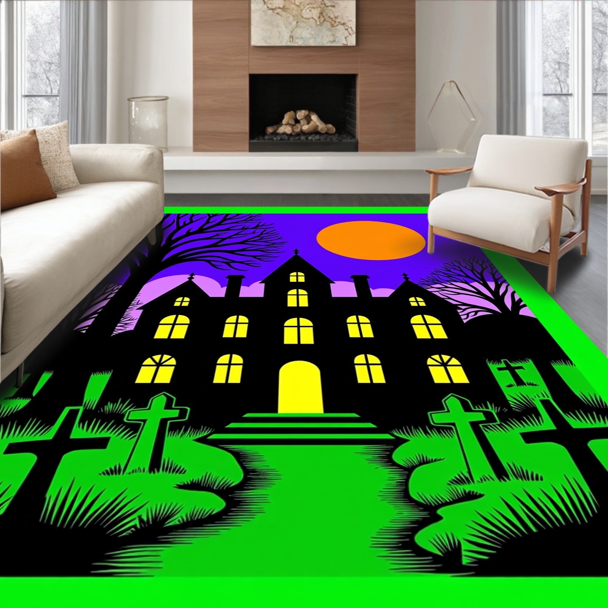 Spooky Mansion Orange Moon Haunted Graphic Rug
