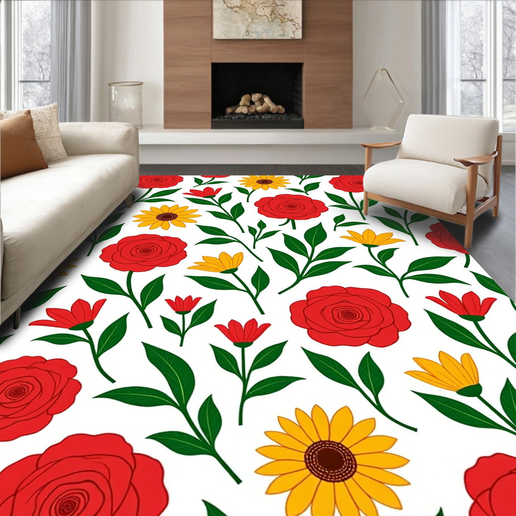 Classic Red Yellow Floral Bouquet Rug